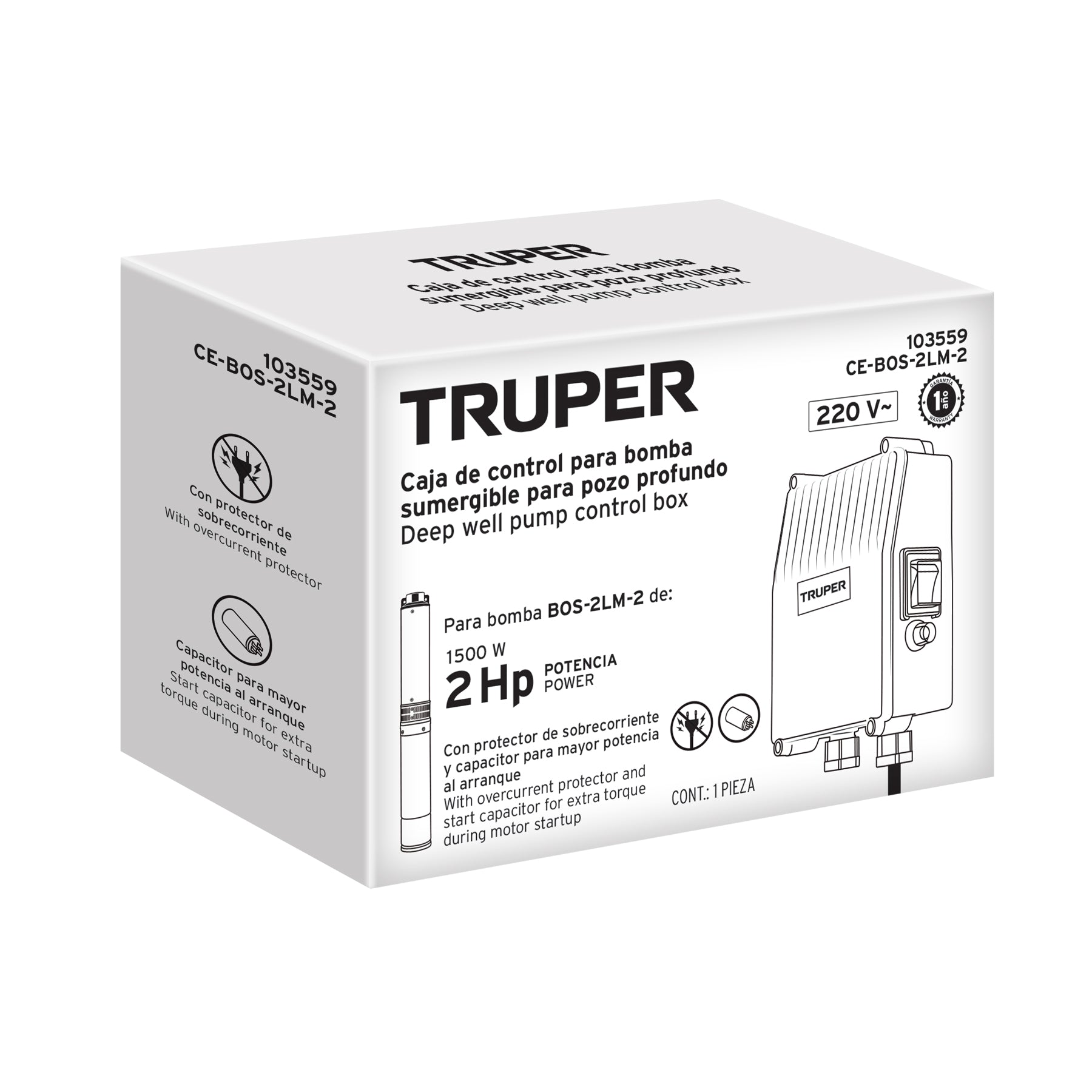 Caja de control para bomba tipo bala 2 HP, 220V, TRUPER. Modelo: CE-BOS-2LM-2