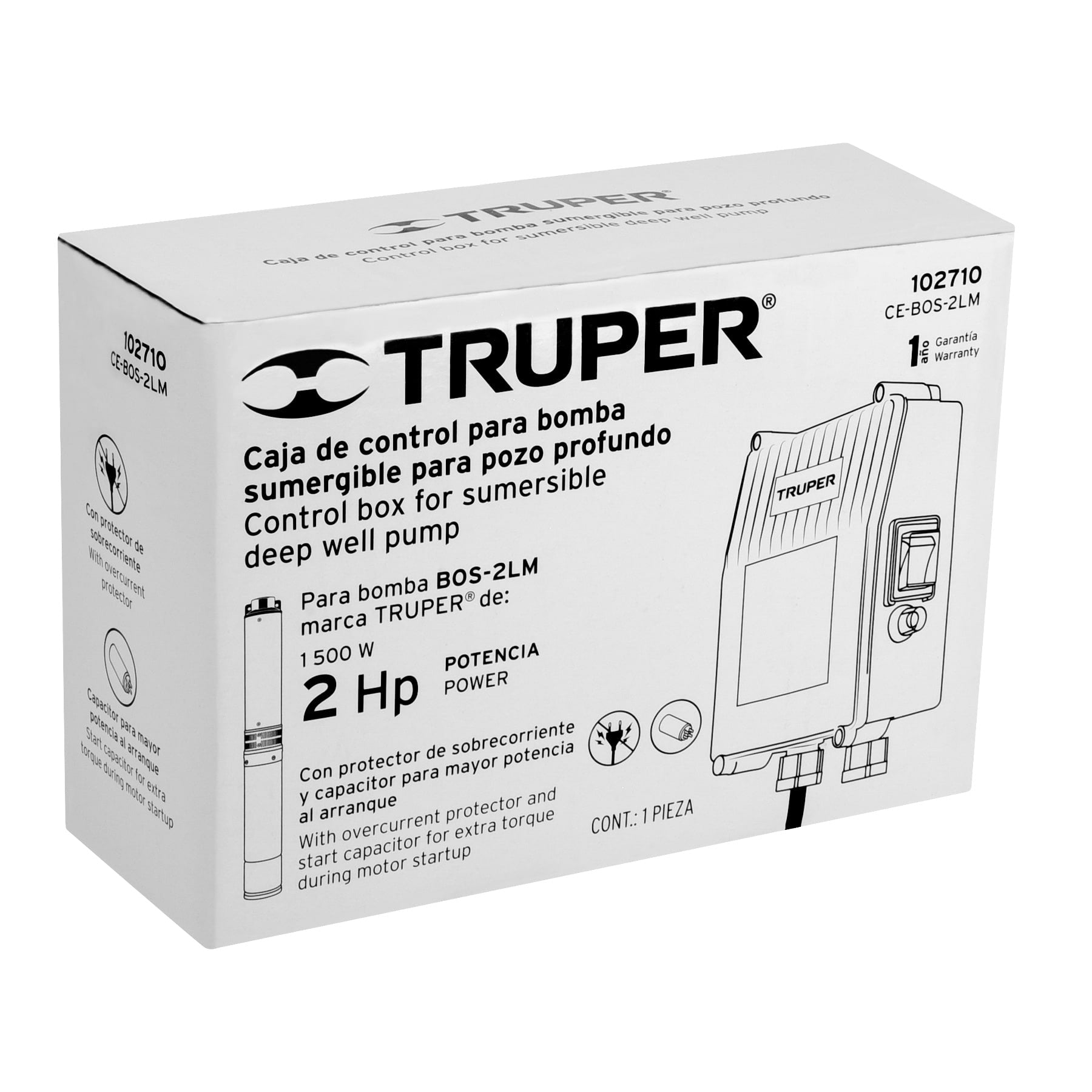 Caja de control para bomba tipo bala 2 HP, TRUPER. Modelo: CE-BOS-2LM