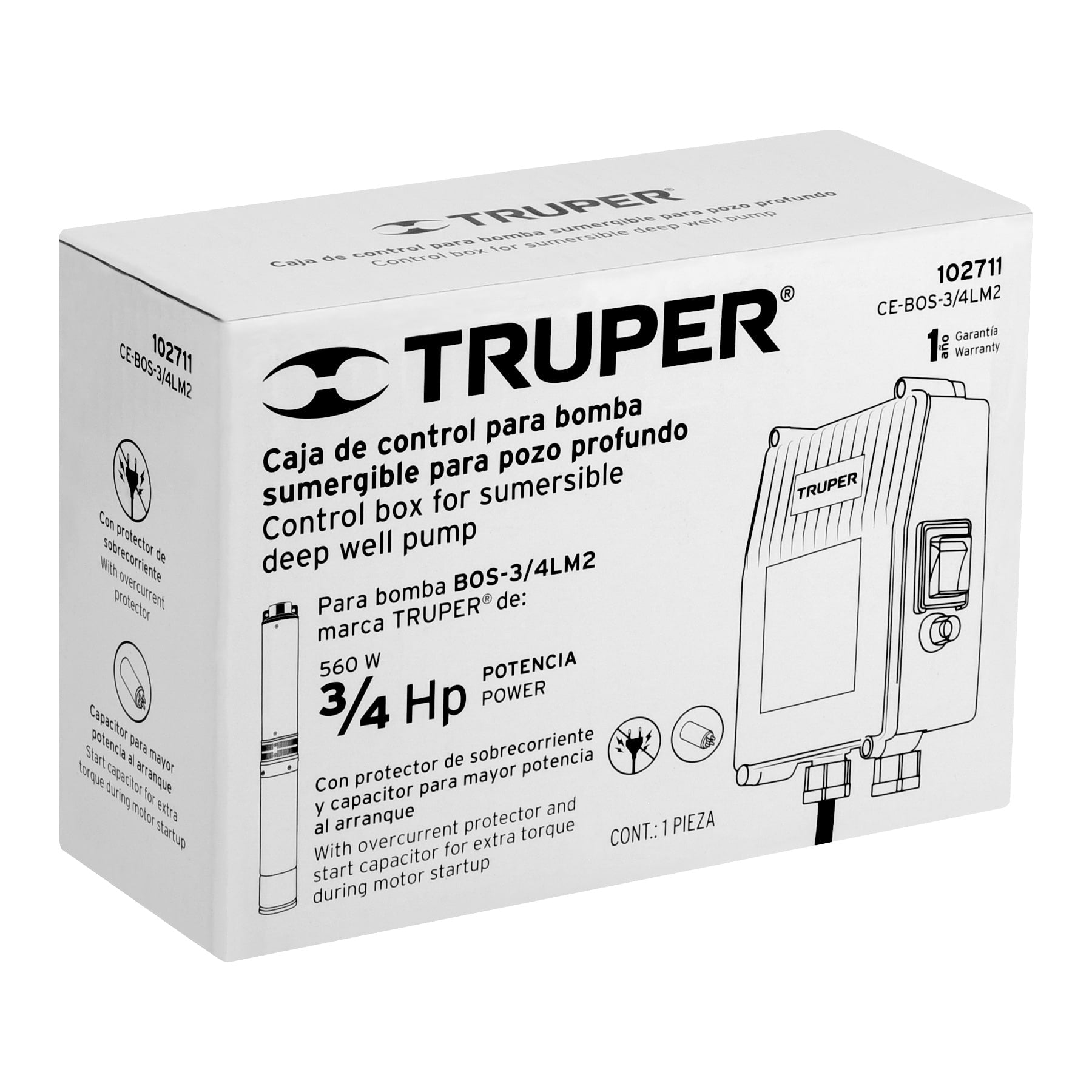 Caja de control para bomba tipo bala 3/4 HP, TRUPER. Modelo: CE-BOS-3/4LM2