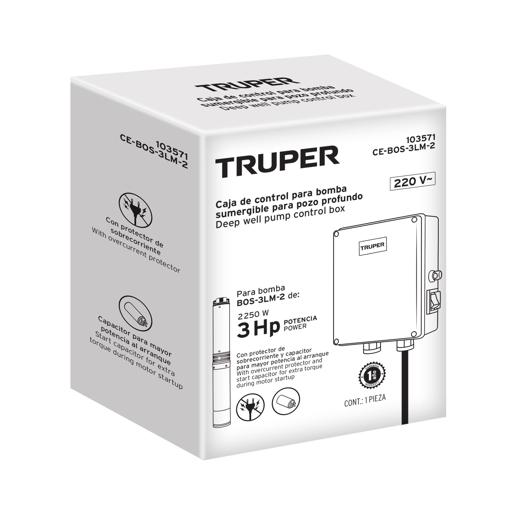 Caja de control para bomba tipo bala 3 HP, 220V, TRUPER. Modelo: CE-BOS-3LM-2