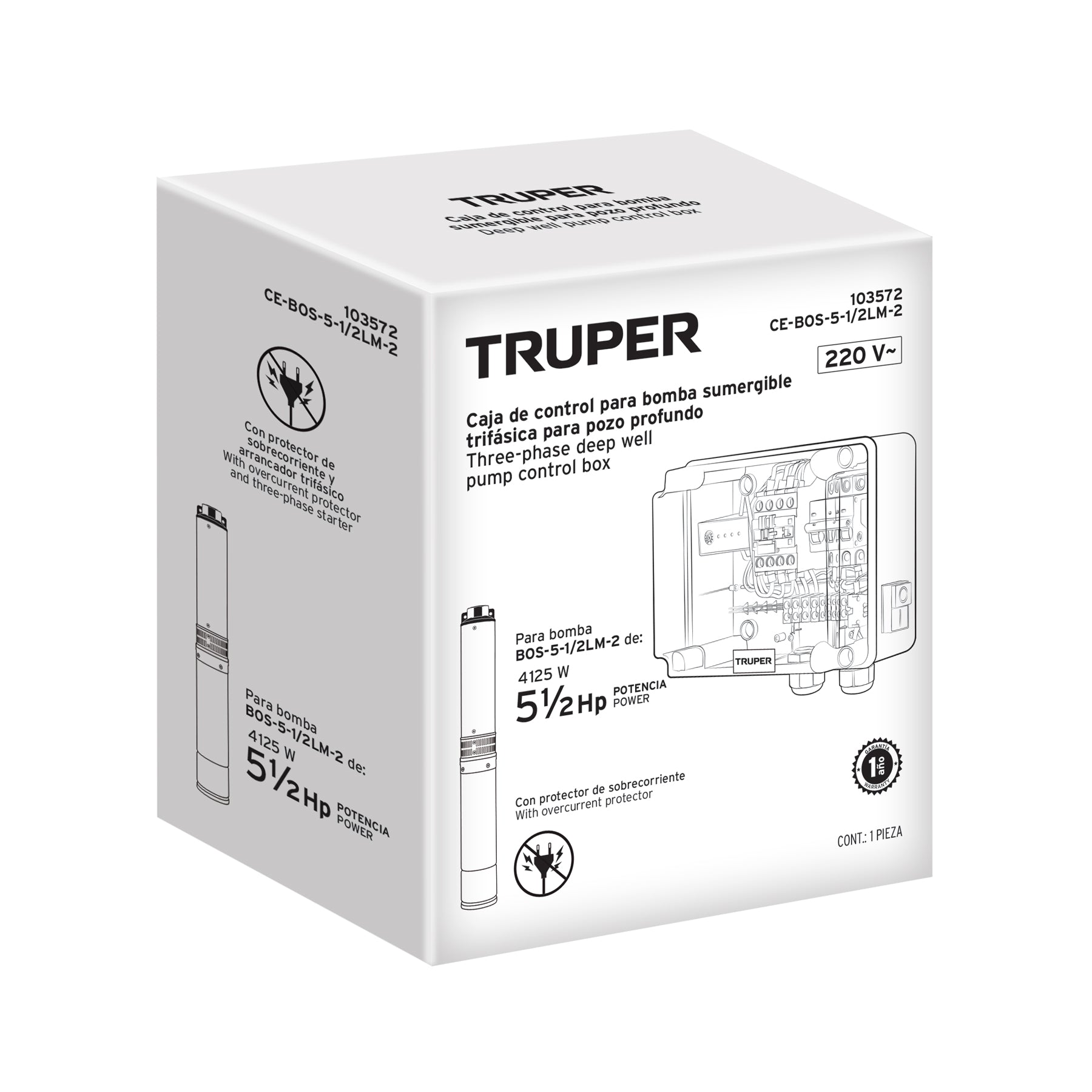 Caja de control para bomba tipo bala 5 1/2HP, 220V, TRUPER. Modelo: CE-BOS-5-1/2LM-2