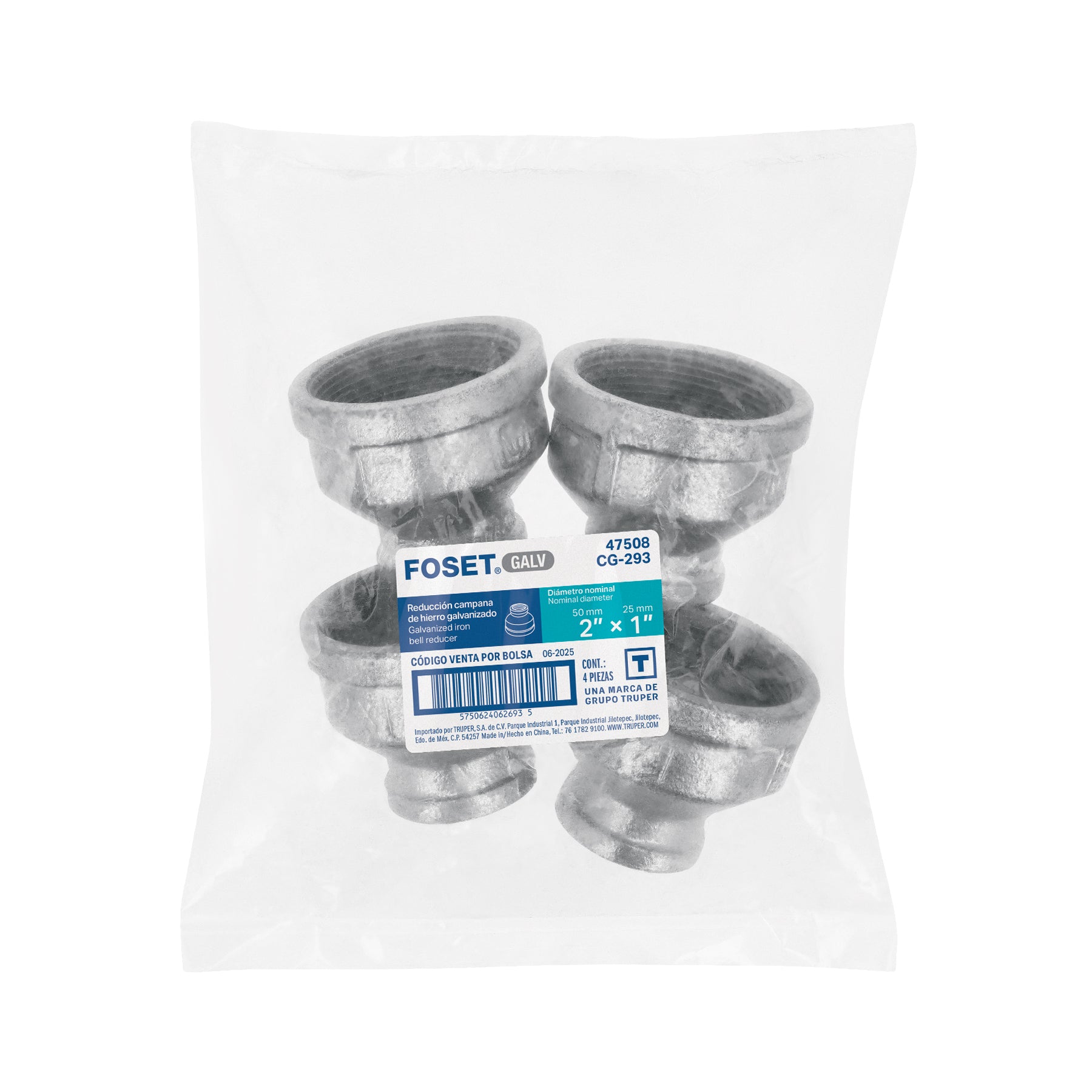 Reducción campana acero galvanizado 2' x 1', FOSET. Modelo: CG-293