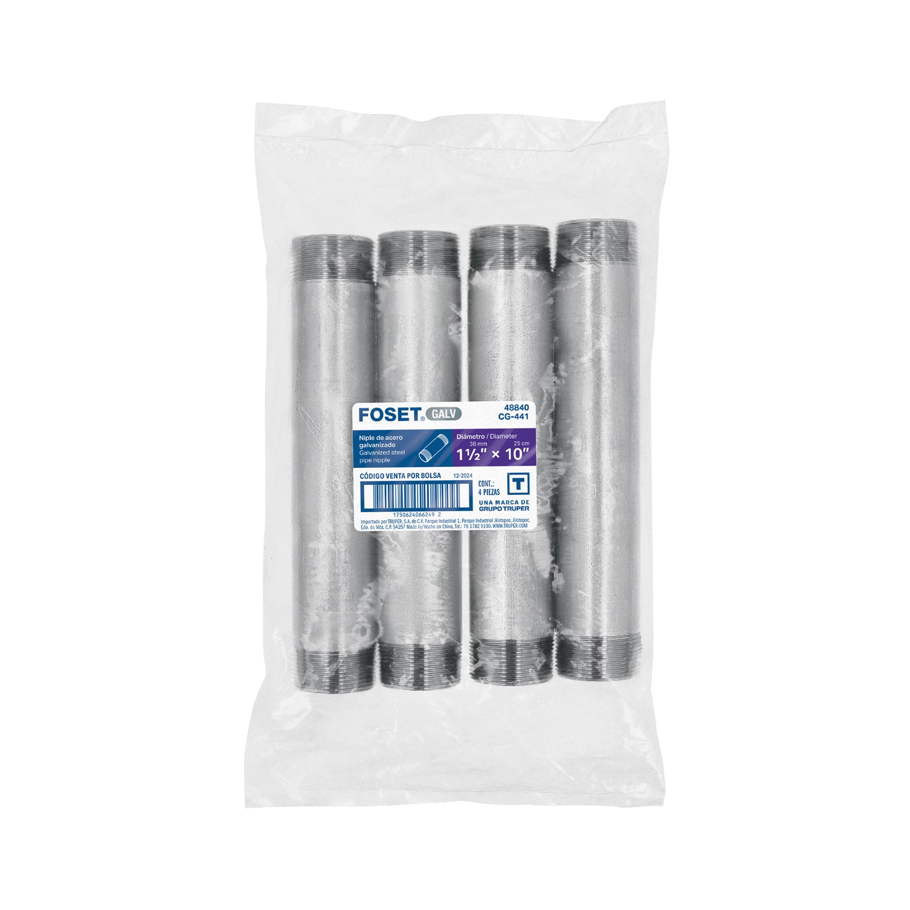 Niple de acero galvanizado 1-1/2 x 10', FOSET. Modelo: CG-441