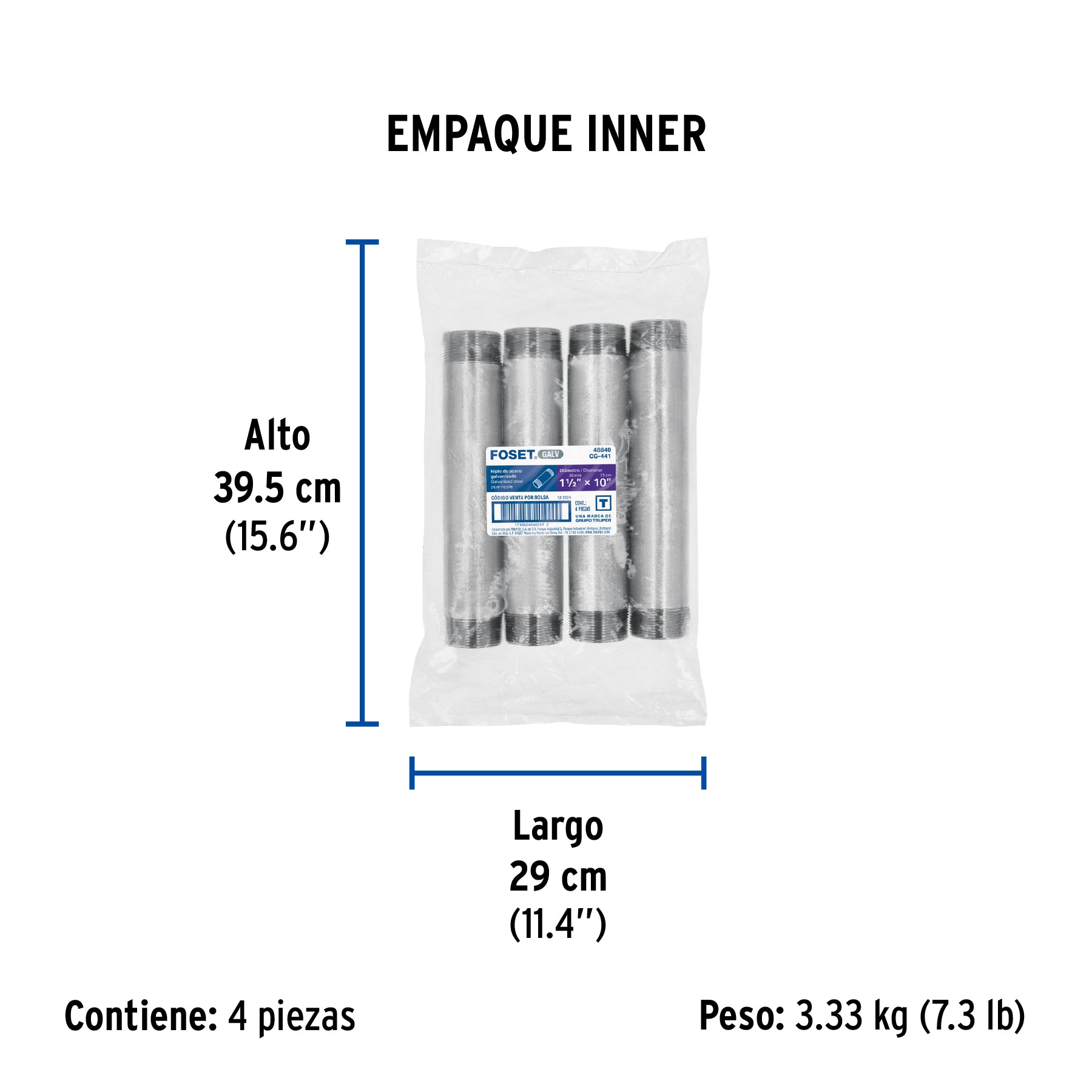 Niple de acero galvanizado 1-1/2 x 10', FOSET. Modelo: CG-441