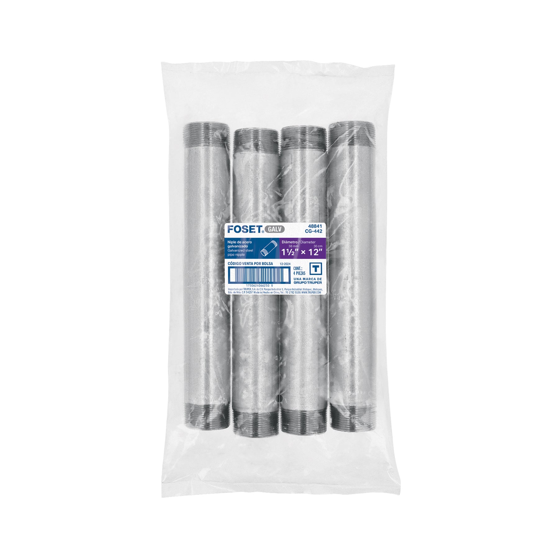 Niple de acero galvanizado 1-1/2 x 12', FOSET. Modelo: CG-442