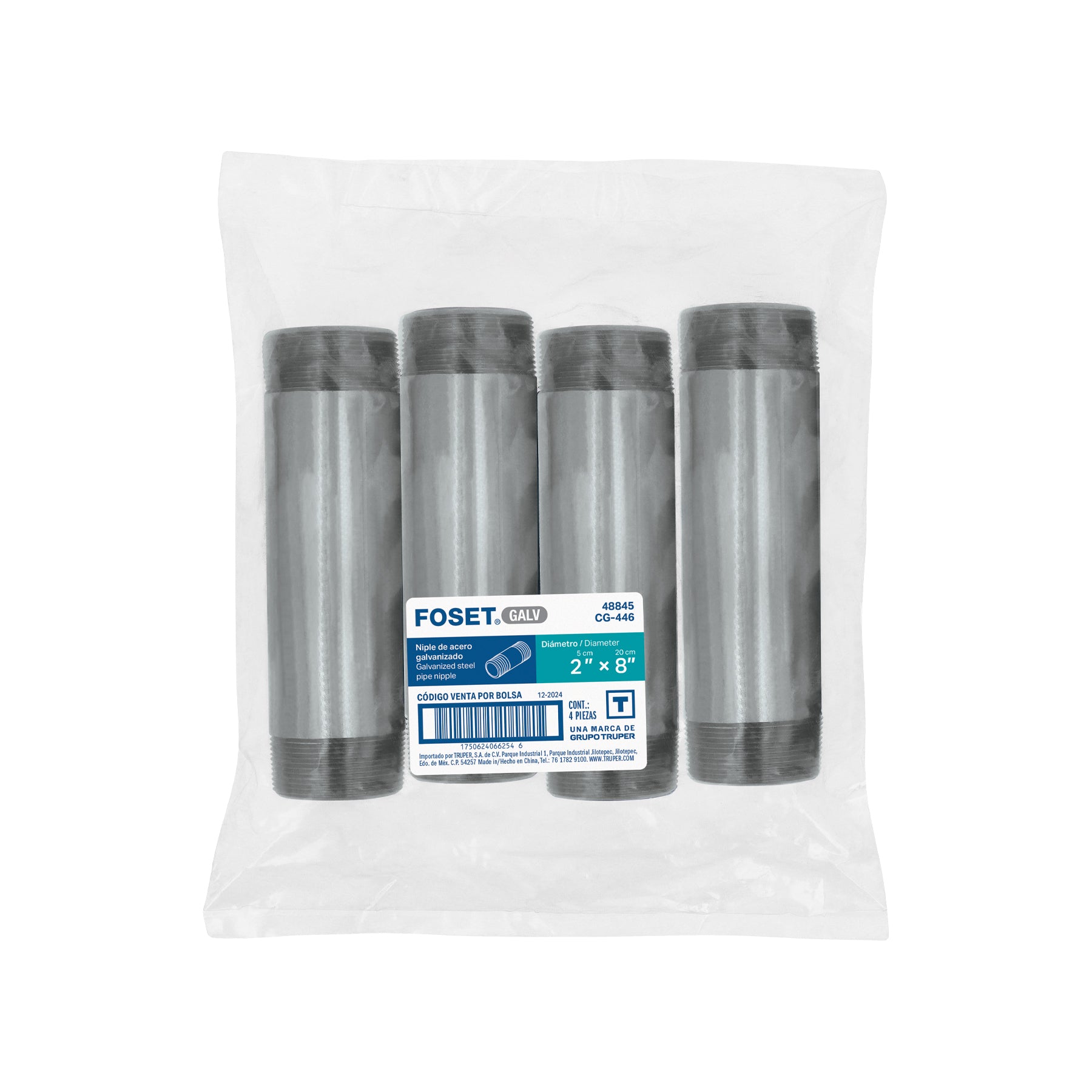 Niple de acero galvanizado 2 x 8', FOSET. Modelo: CG-446