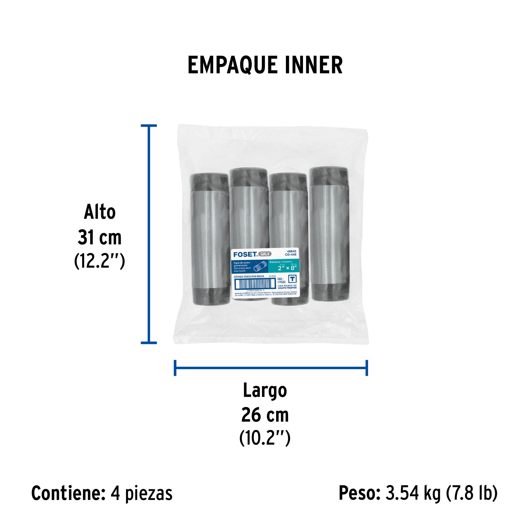 Niple de acero galvanizado 2 x 8', FOSET. Modelo: CG-446
