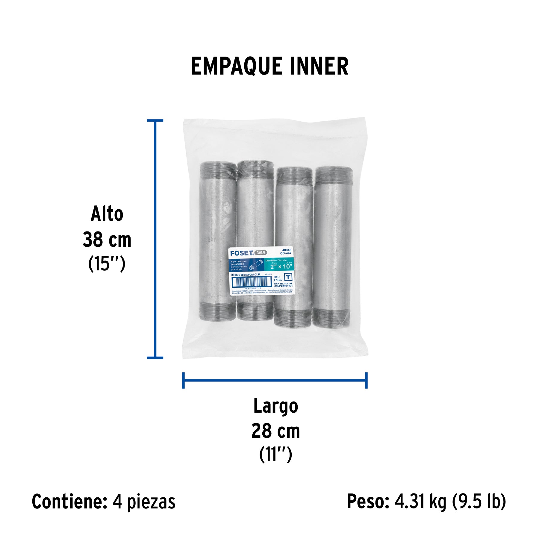 Niple de acero galvanizado 2 x 10', FOSET. Modelo: CG-447