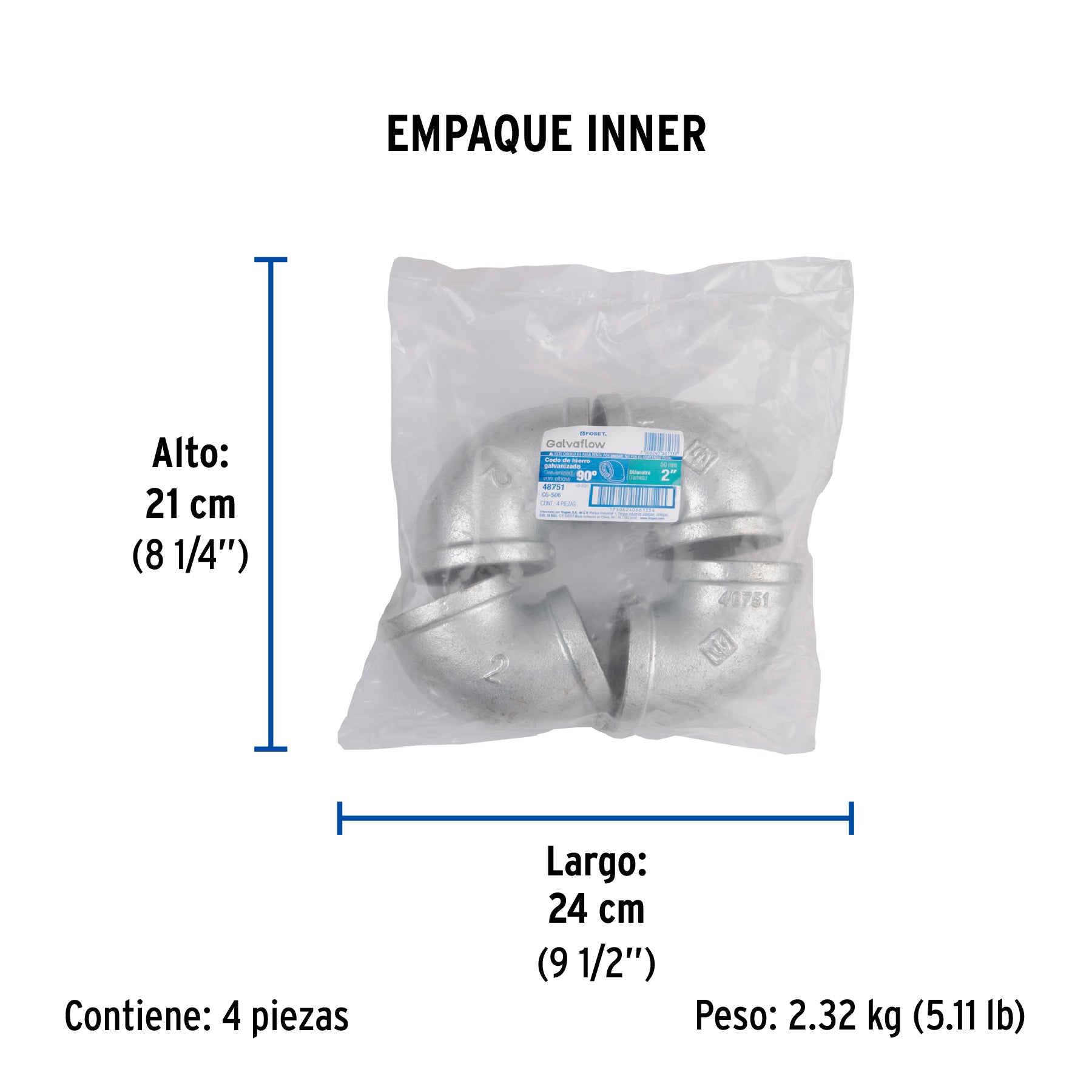 Codo 90° acero galvanizado de 2', FOSET. Modelo: CG-506