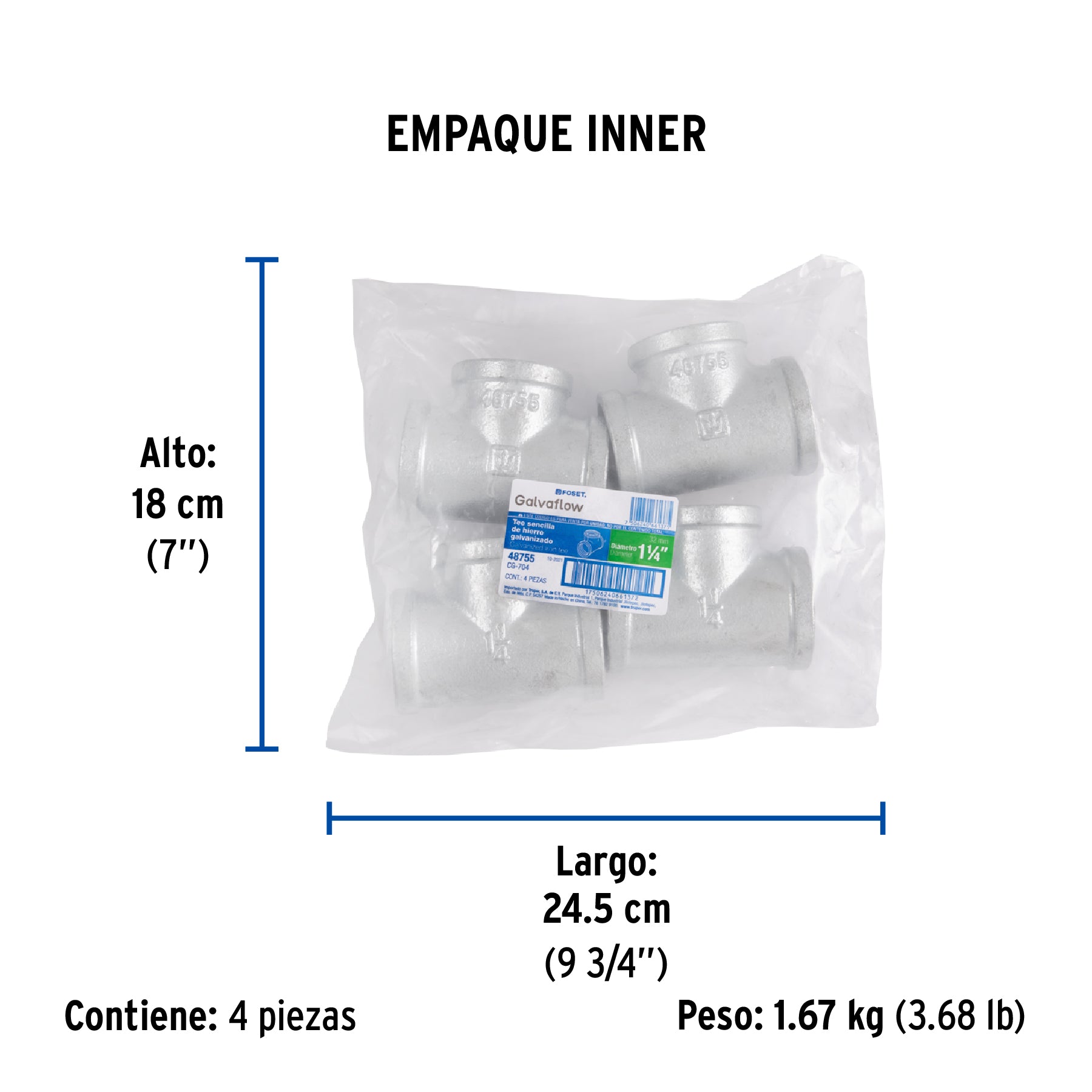 Tee sencilla 1-1/4' acero galvanizado, FOSET. Modelo: CG-704