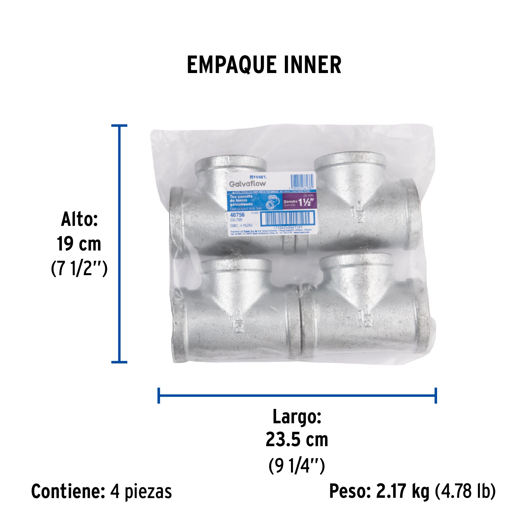 Tee sencilla 1-1/2' acero galvanizado, FOSET. Modelo: CG-705