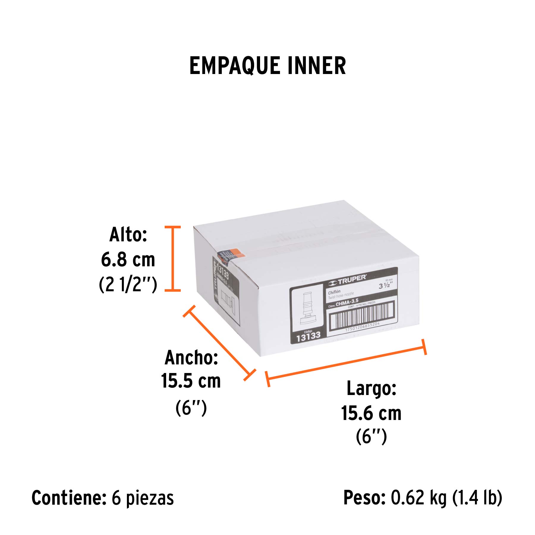 Chiflón 3-1/2' de latón maquinado para manguera, TRUPER. Modelo: CHMA-3.5