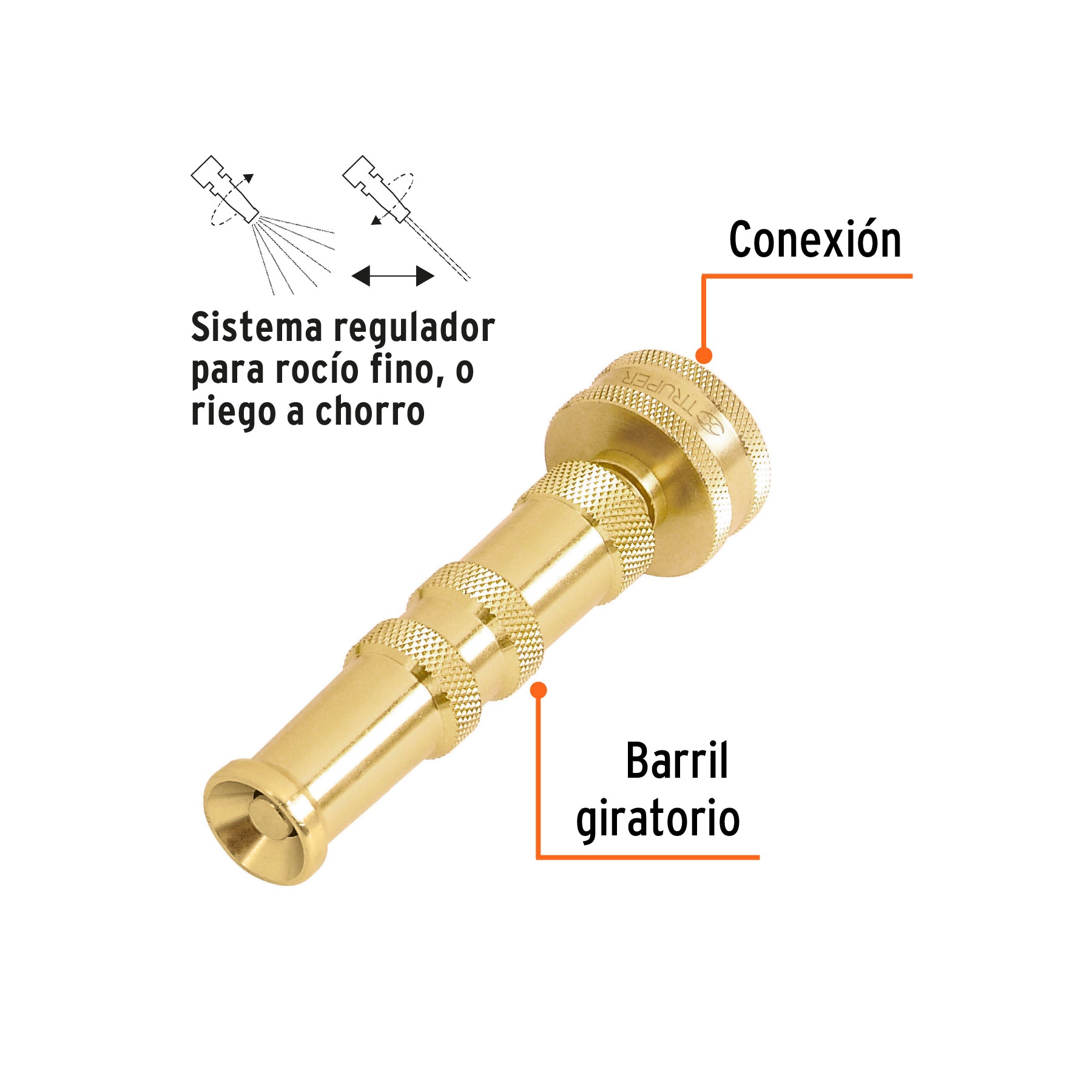 Chiflón 4' de latón maquinado para manguera, TRUPER. Modelo: CHMA-4