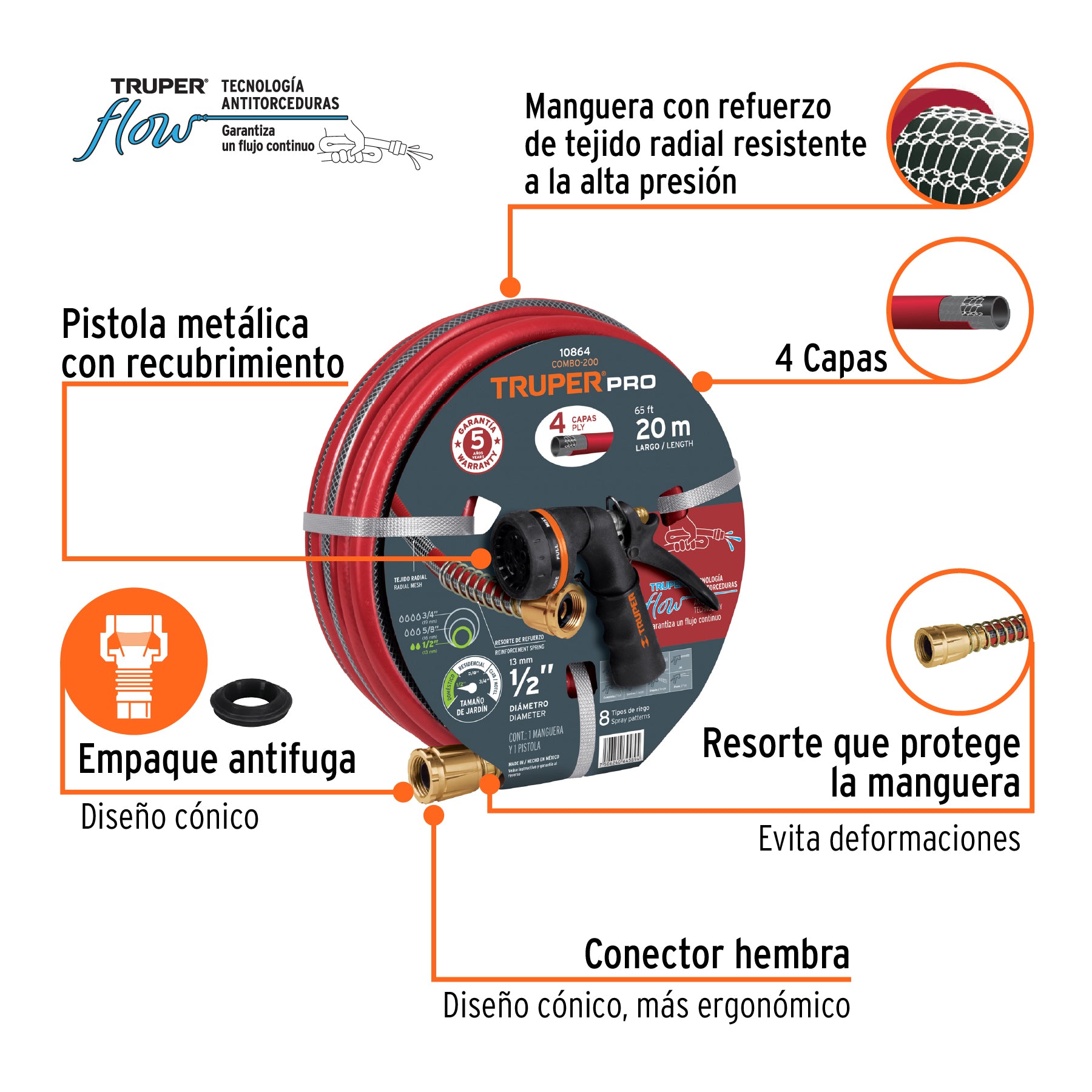 Combo manguera MAN-20X1/2X y pistola de riego PR-208, TRUPER. Modelo: COMBO-200
