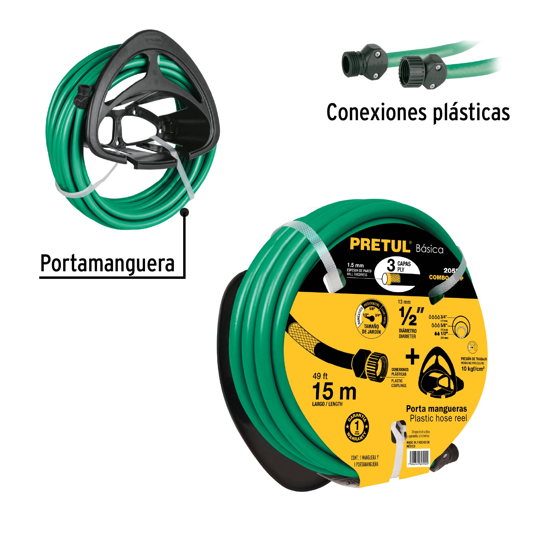 Combo manguera MAN-15X1/2P y portamanguera negro, PRETUL. Modelo: COMBO-201P