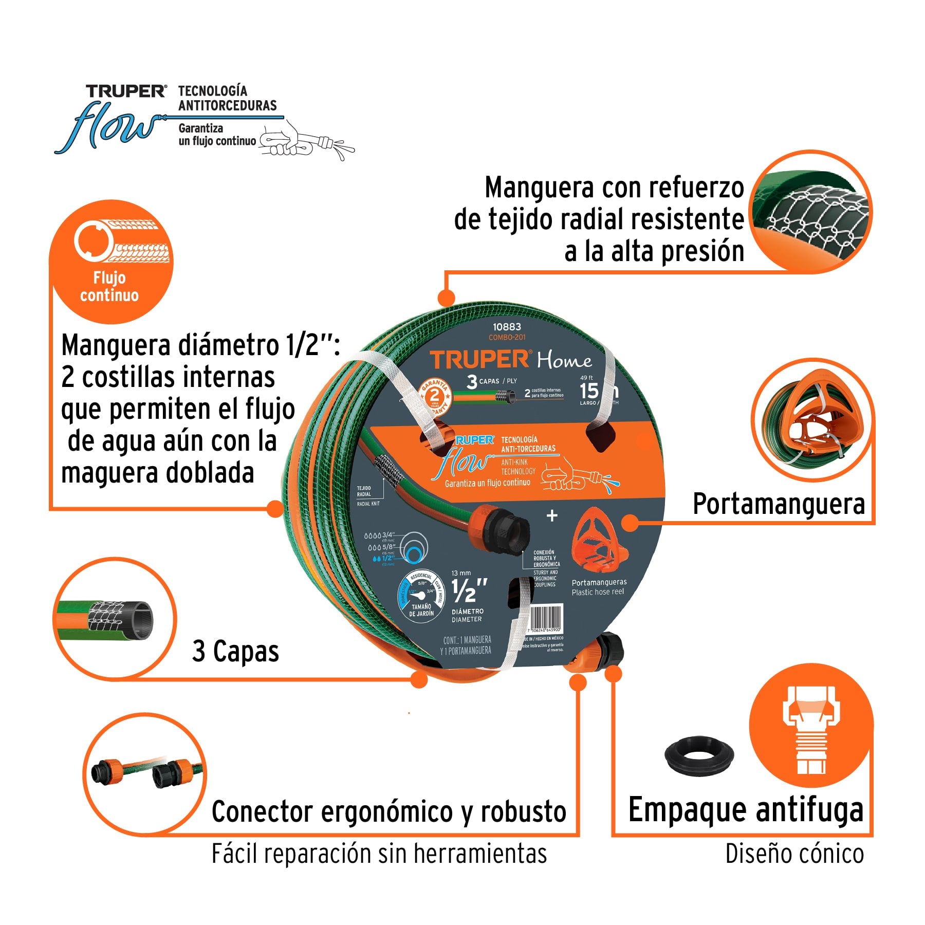 Combo manguera MAN-15X1/2RE y portamanguera GAN-MA, TRUPER. Modelo: COMBO-201