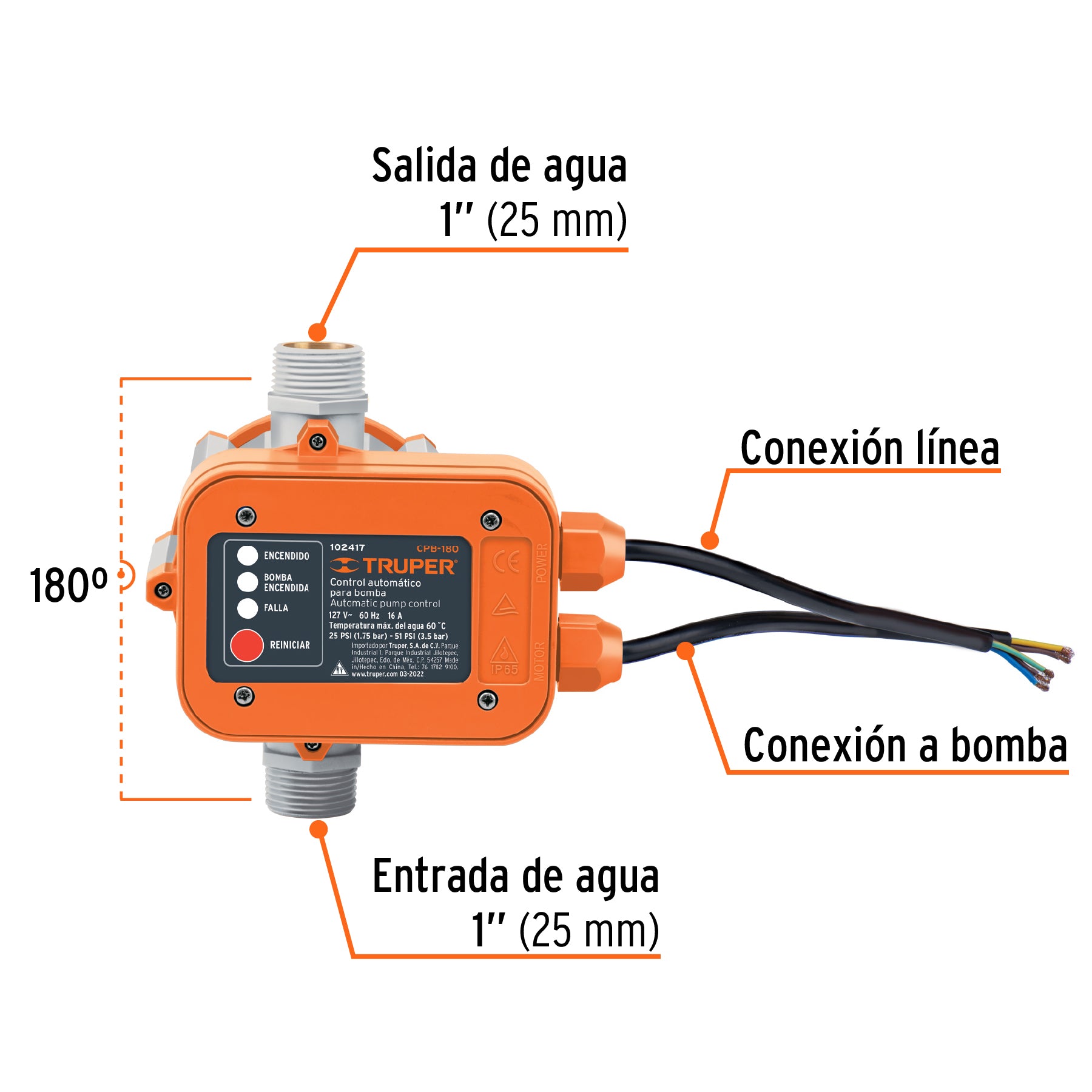 Control automático de presión de bombas para agua, 180°. Modelo: CPB-180