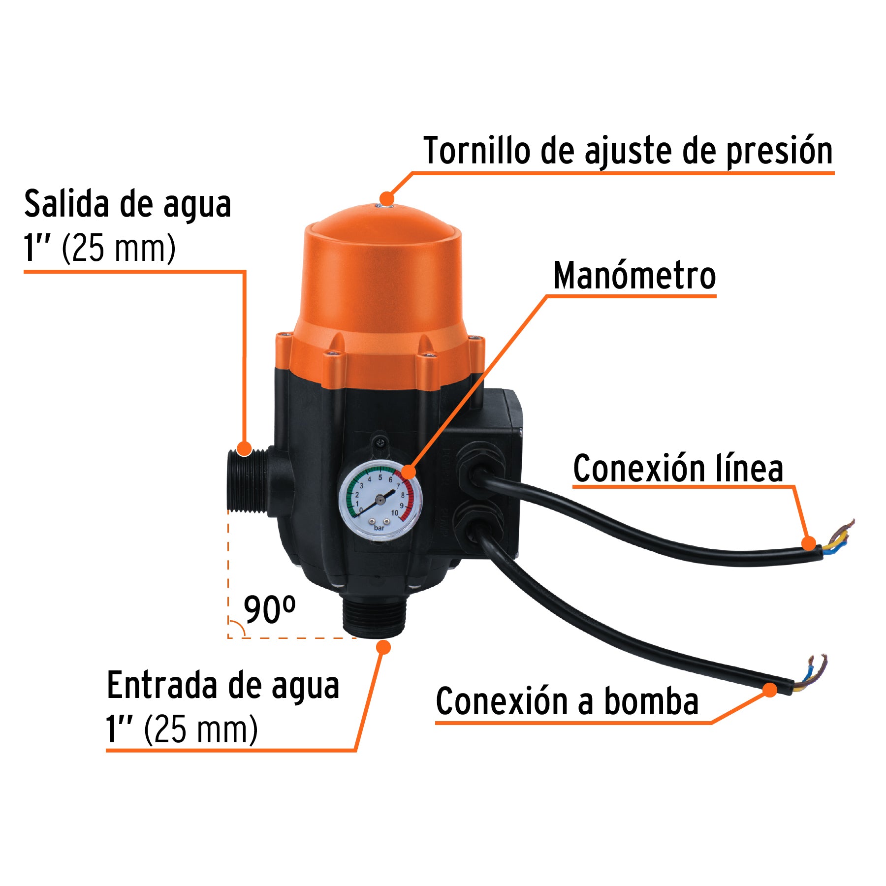 Control automático de presión de bombas para agua, 90°. Modelo: CPB-90