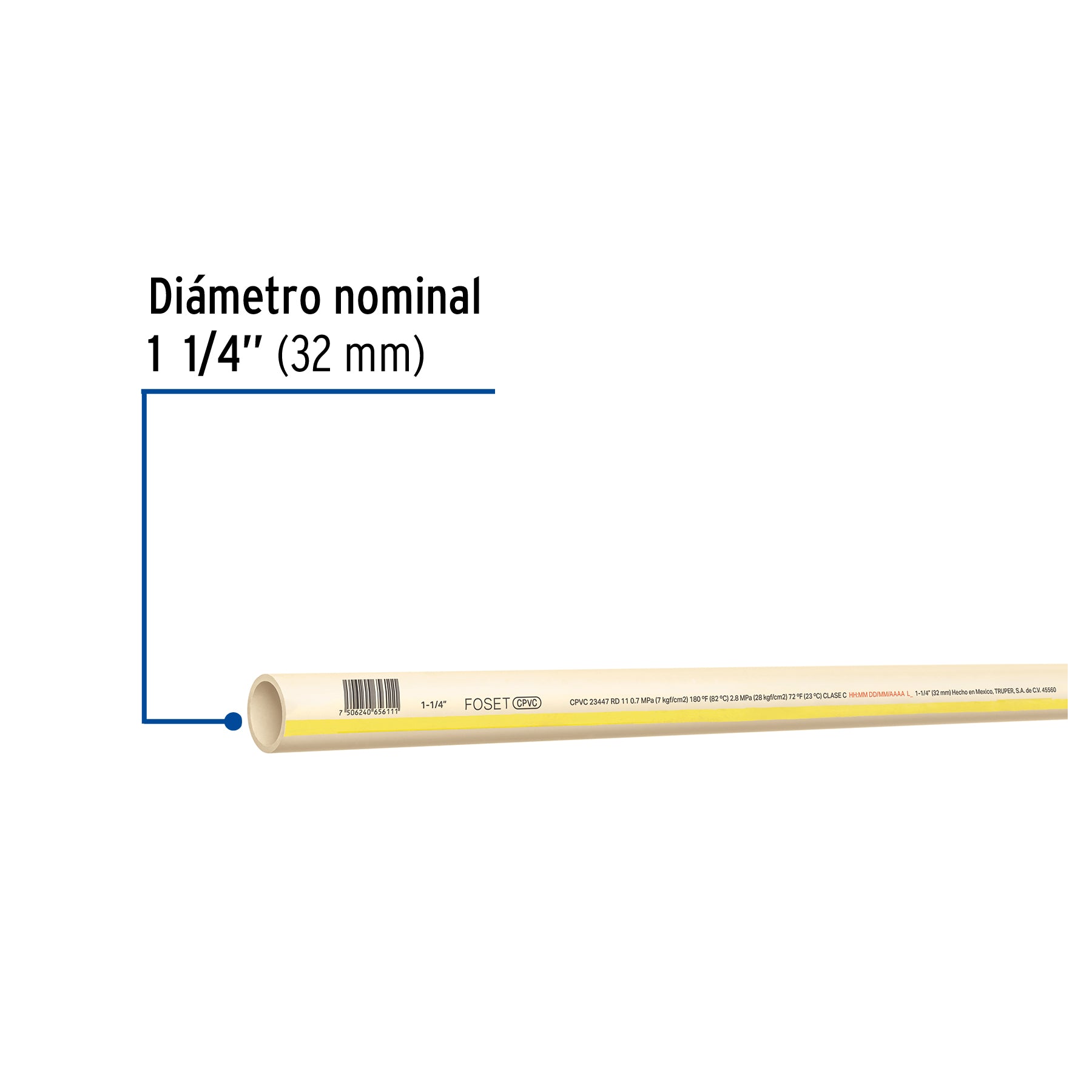 Tubo de 1-1/4' CPVC hidráulico RD 11, 3m, 1.5kg, FOSET. Modelo: CPVC-004