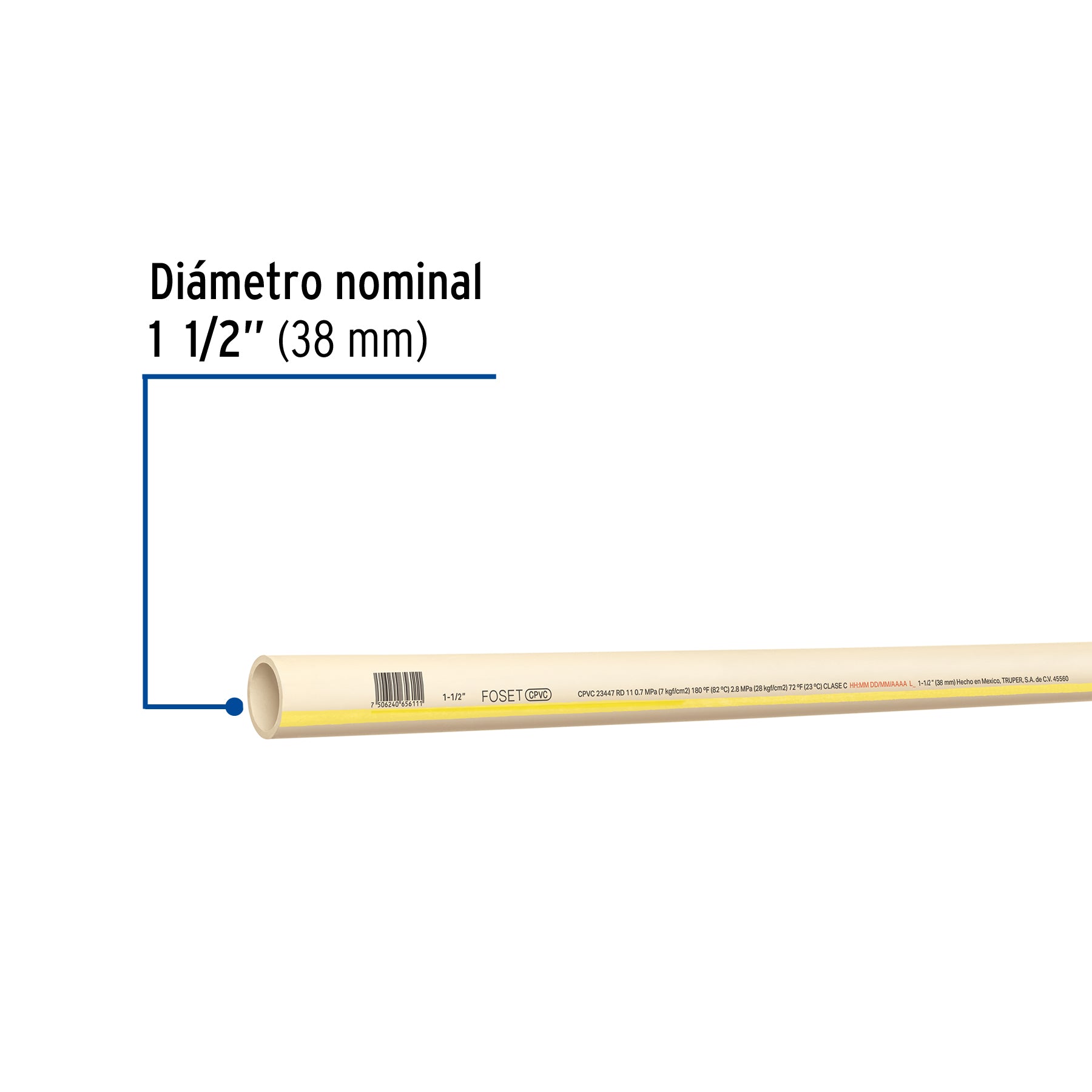 Tubo de 1-1/2' CPVC hidráulico RD 11, 3m, 2.1kg, FOSET. Modelo: CPVC-005