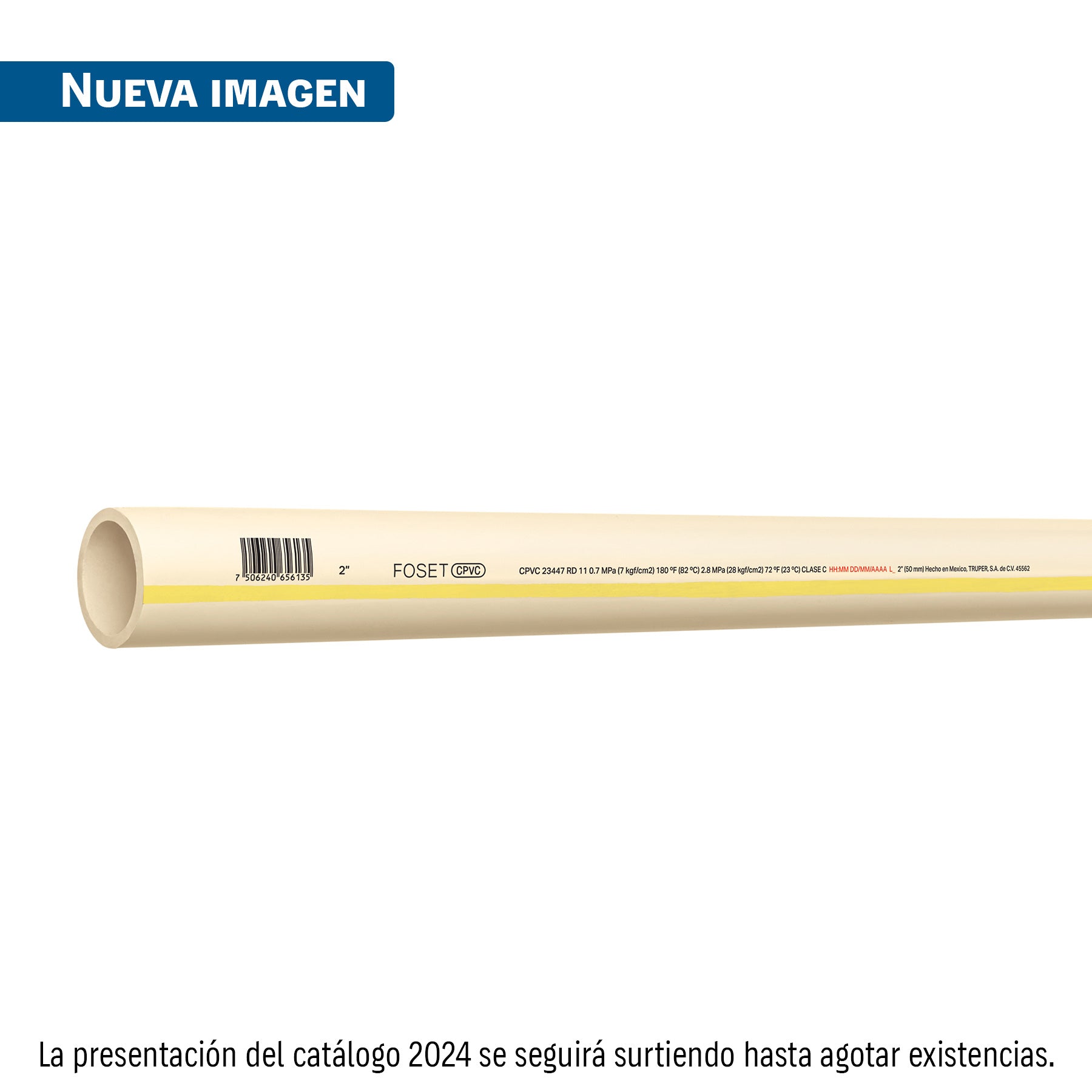 Tubo de 2' CPVC hidráulico RD 11, 3m, 3.5kg, FOSET. Modelo: CPVC-006