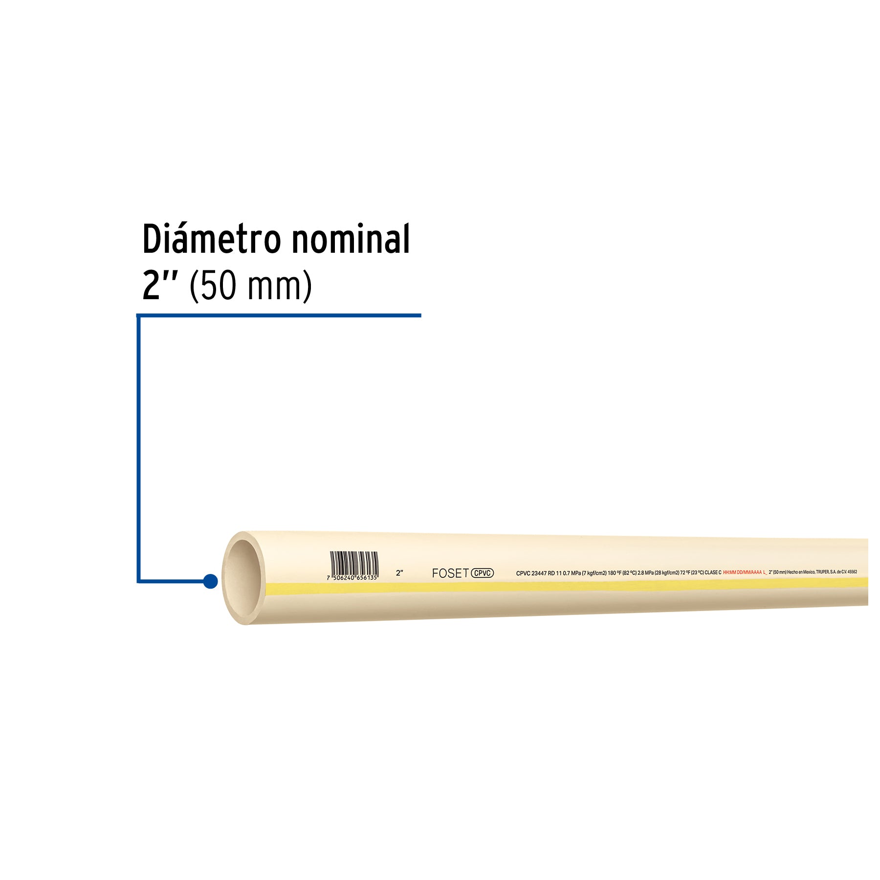 Tubo de 2' CPVC hidráulico RD 11, 3m, 3.5kg, FOSET. Modelo: CPVC-006