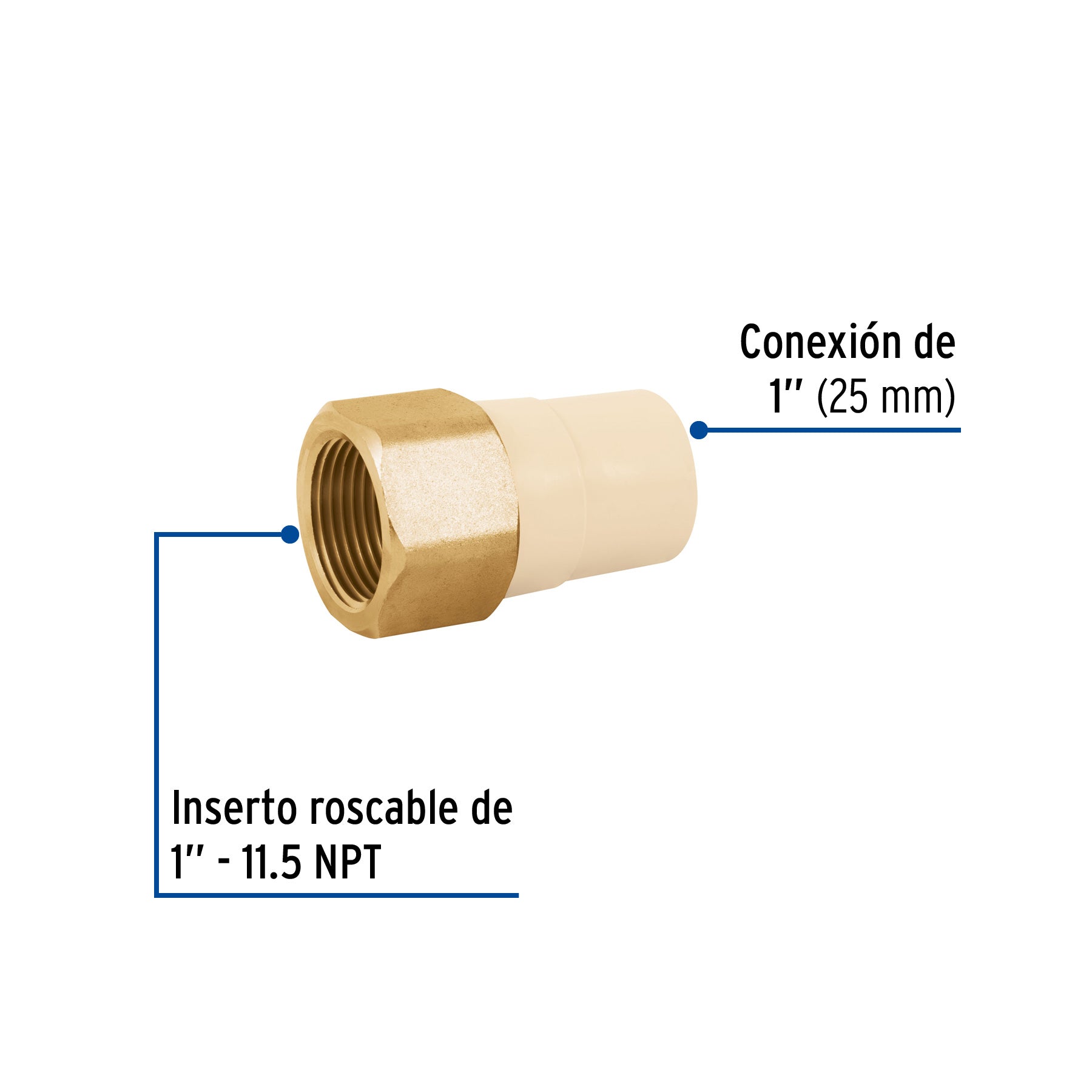 Adaptador hembra de CPVC 1' con inserto y tuerca de latón. Modelo: CPVC-643