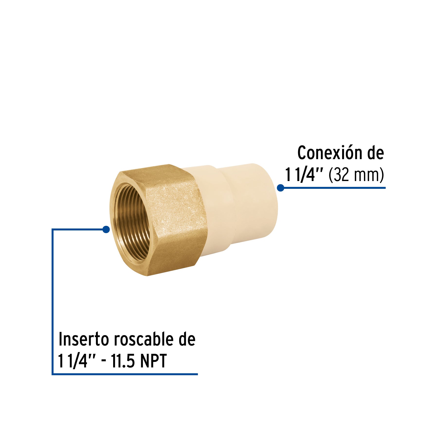 Adaptador hembra de CPVC 1-1/4'con inserto y tuerca de latón. Modelo: CPVC-644