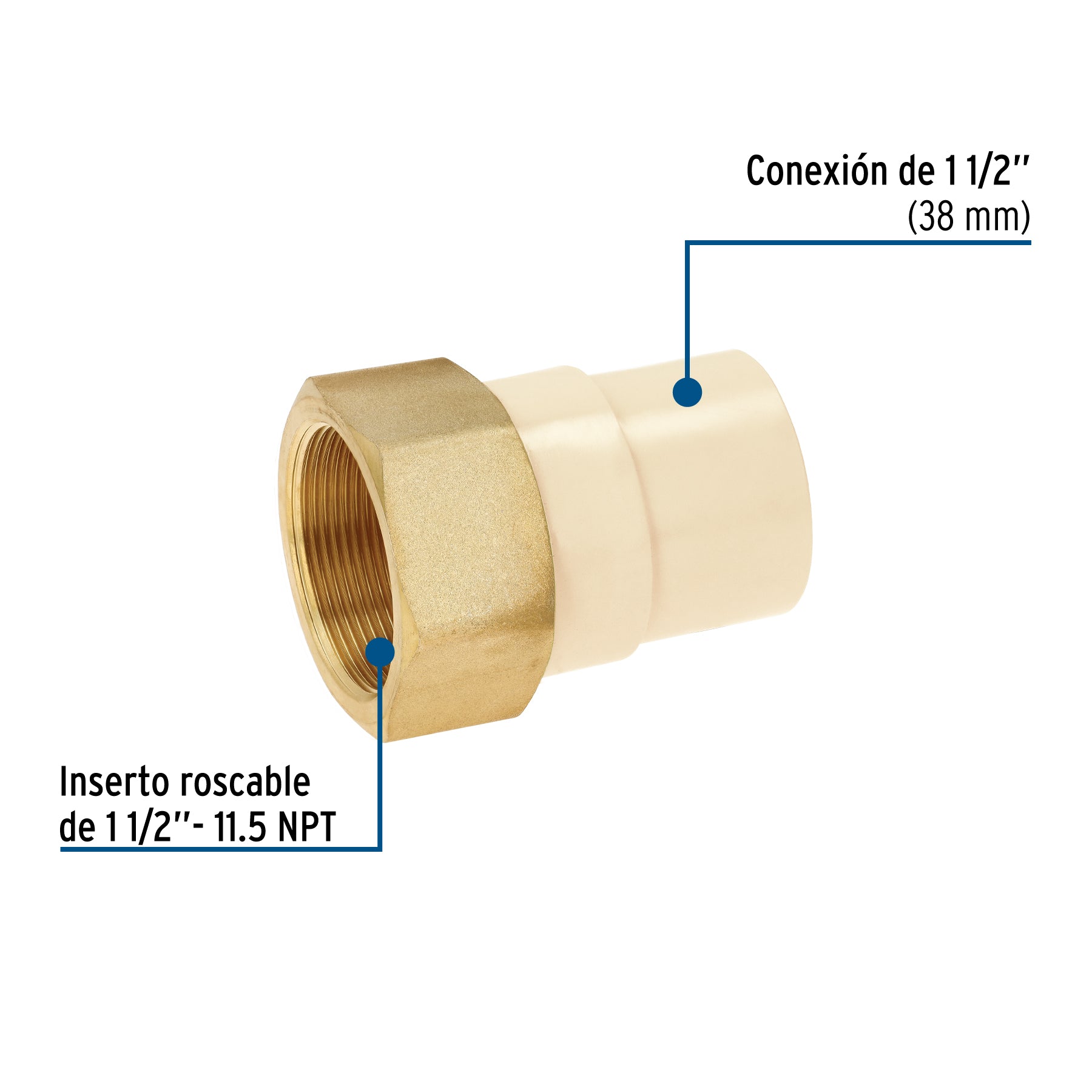 Adaptador hembra de CPVC 1-1/2'con inserto y tuerca de latón. Modelo: CPVC-645