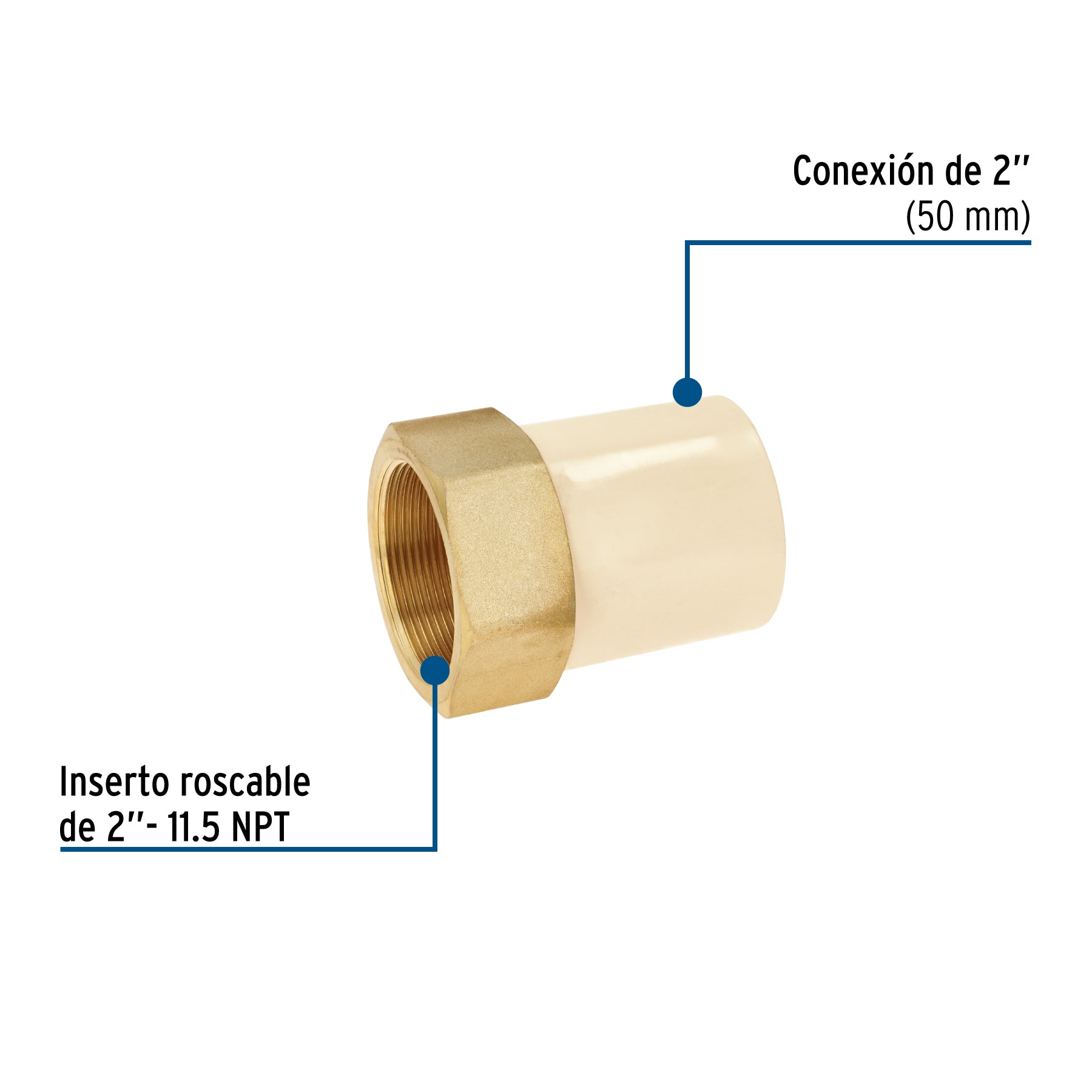 Adaptador hembra de CPVC 2' con inserto y tuerca de latón. Modelo: CPVC-646