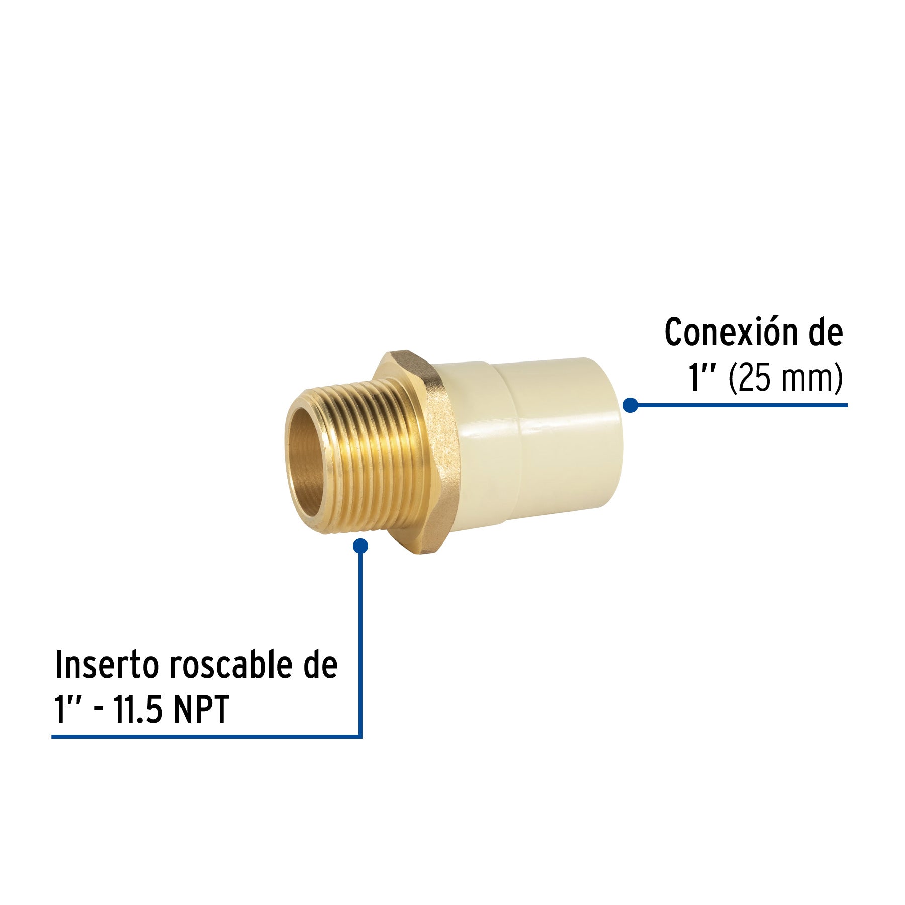 Adaptador macho de CPVC 1' con inserto y tuerca de latón. Modelo: CPVC-653