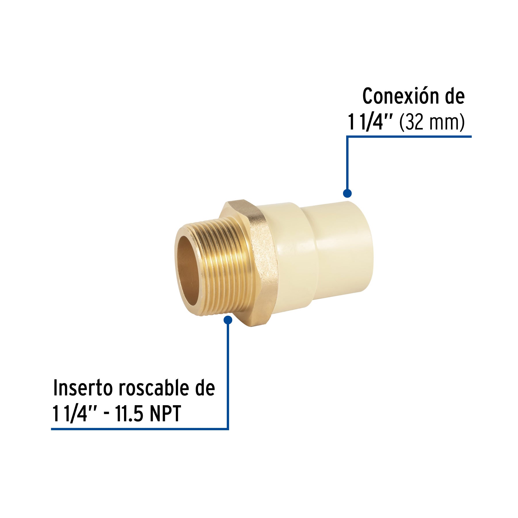 Adaptador macho de CPVC 1-1/4' con inserto y tuerca de latón. Modelo: CPVC-654