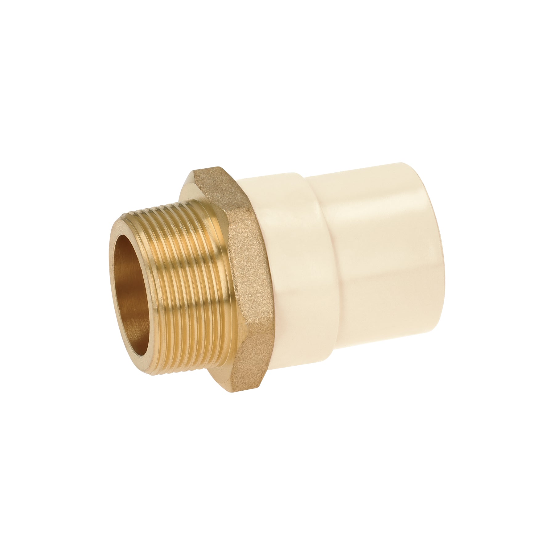 Adaptador macho de CPVC 1-1/2' con inserto y tuerca de latón. Modelo: CPVC-655