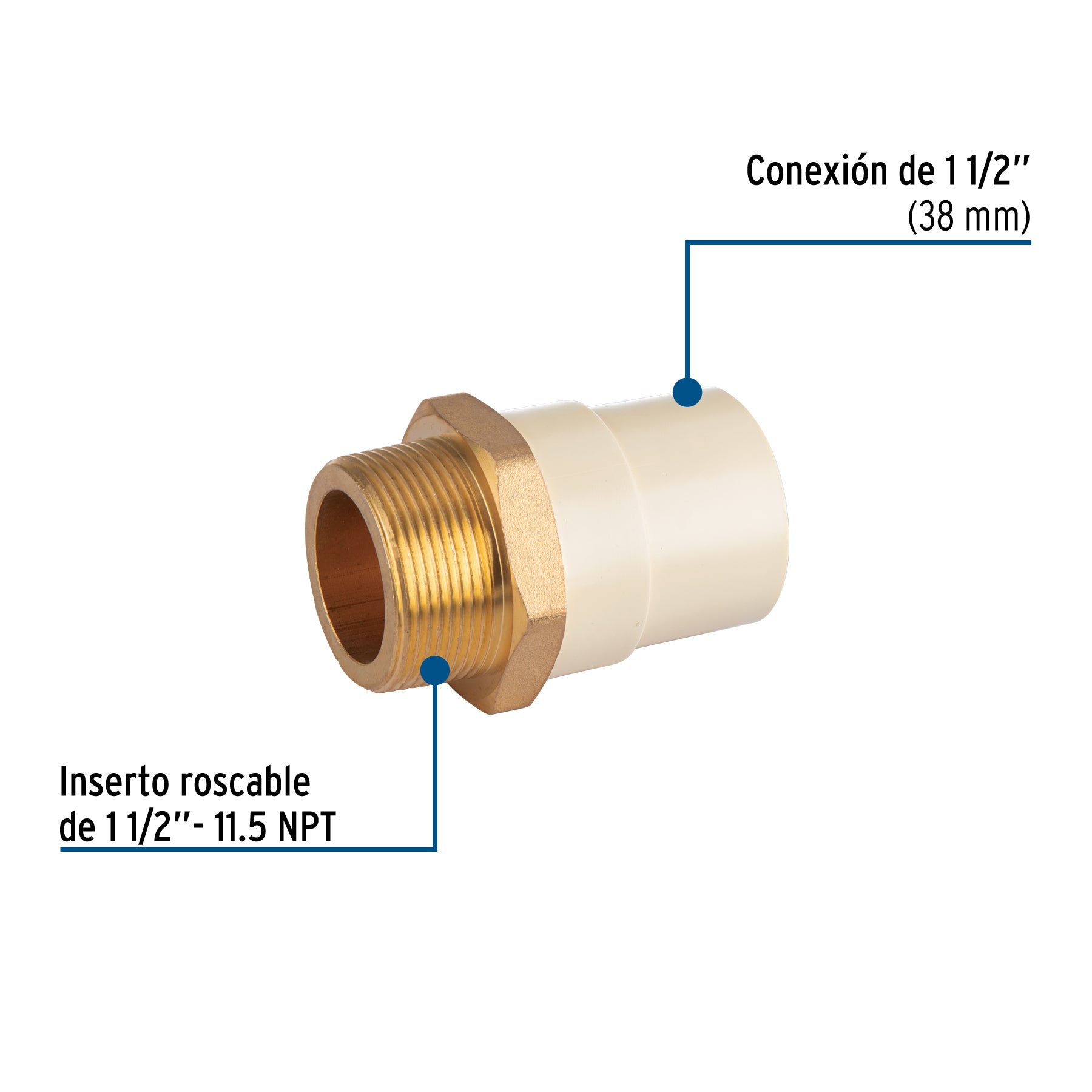 Adaptador macho de CPVC 1-1/2' con inserto y tuerca de latón. Modelo: CPVC-655