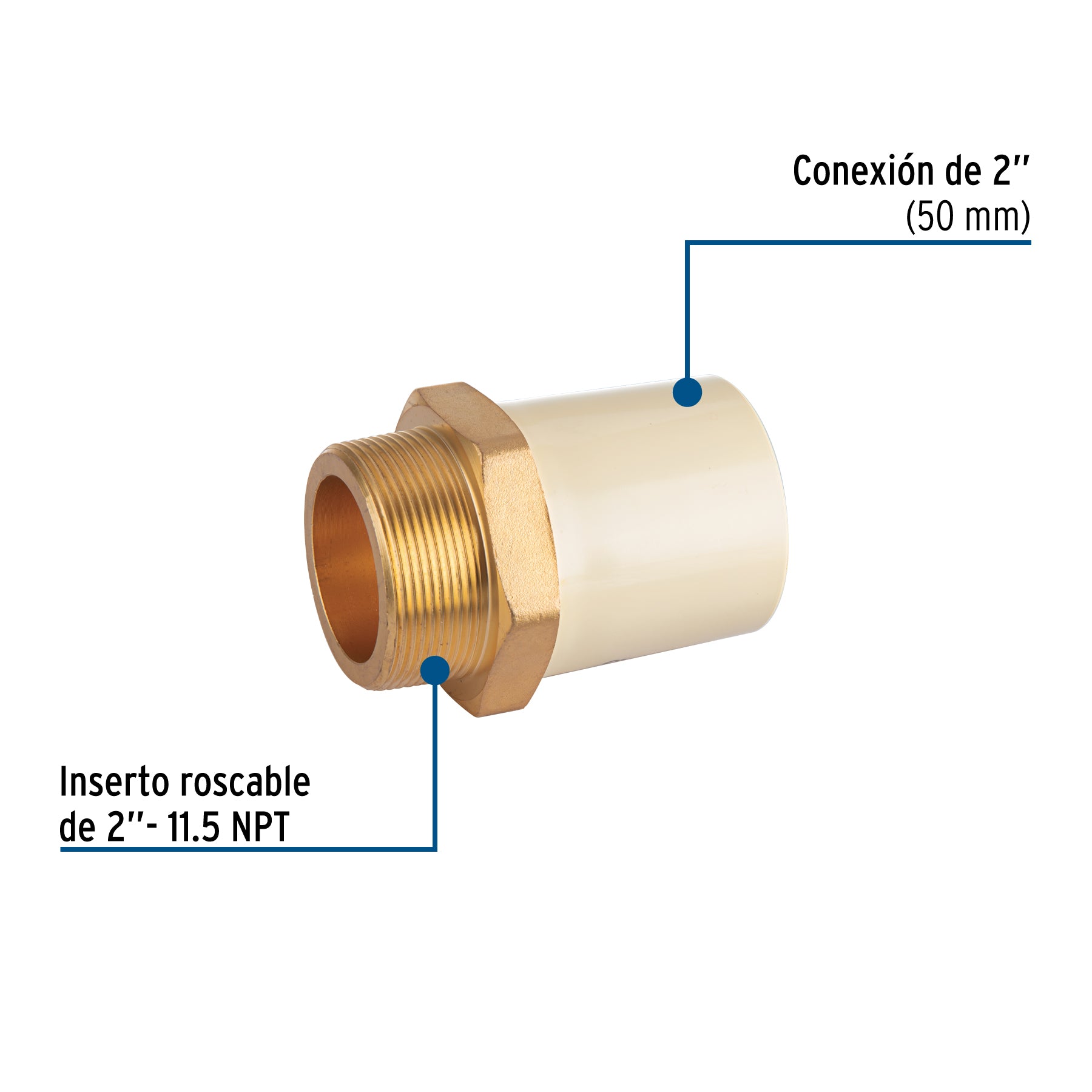 Adaptador macho de CPVC 2' con inserto y tuerca de latón. Modelo: CPVC-656