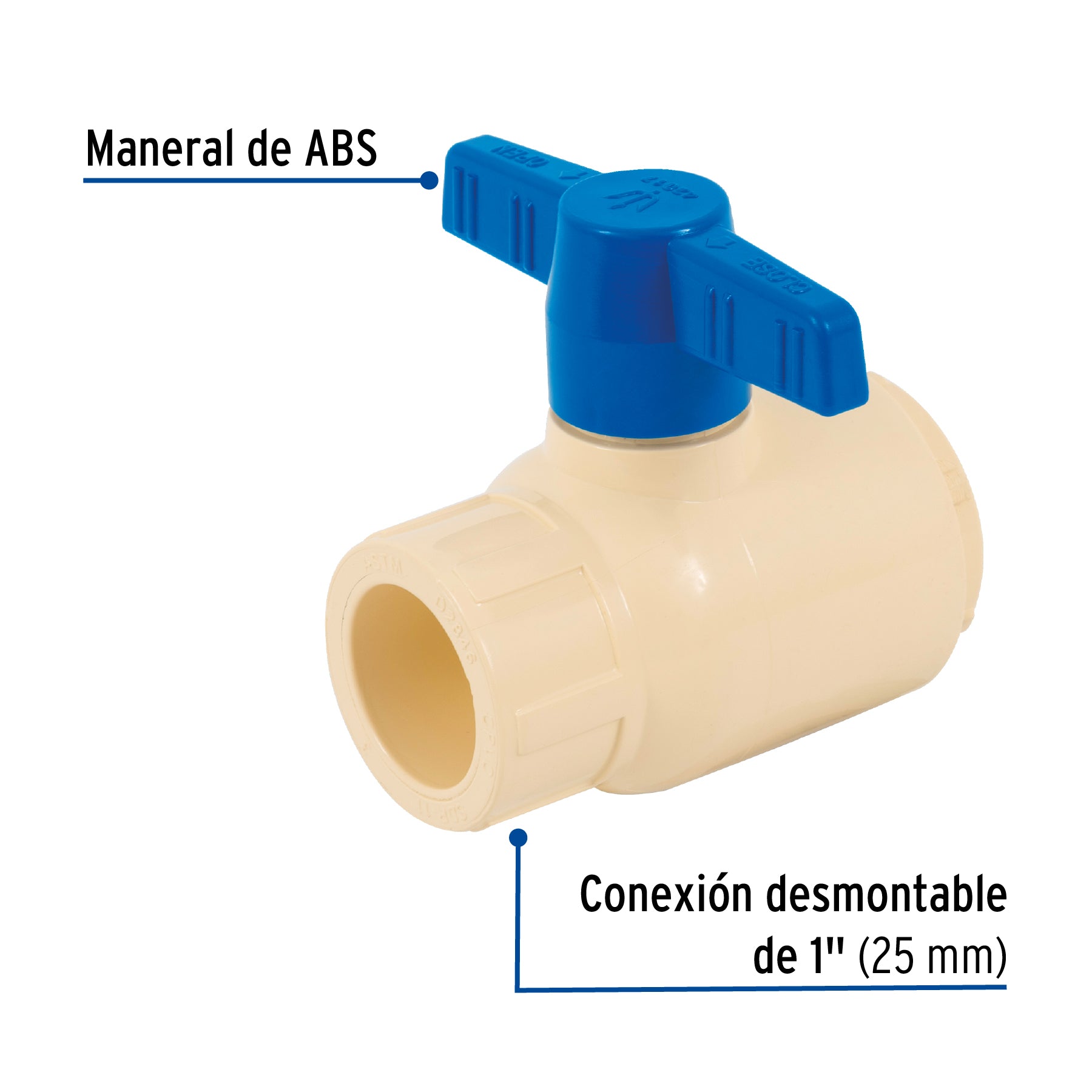 Válvula de esfera desmontable de CPVC de 1', FOSET. Modelo: CPVC-ESD-1