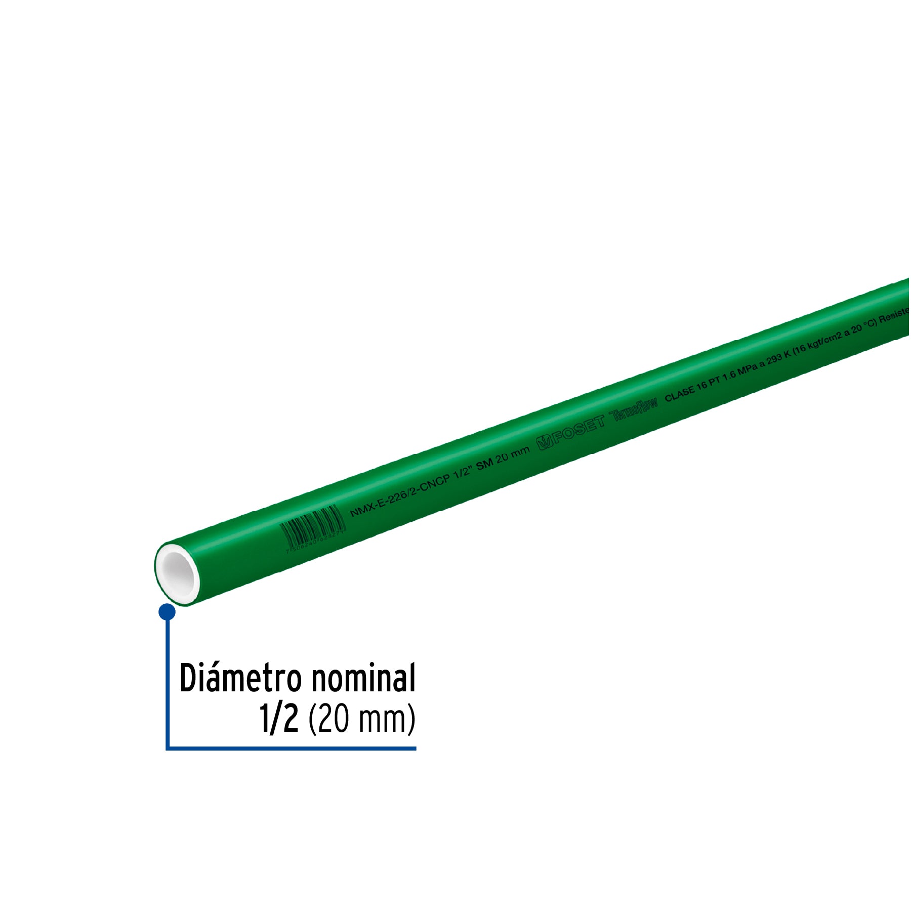 Tubo de 20mm (1/2') PPR hidráulico, 4m, 0.5kg, FOSET. Modelo: CV-001
