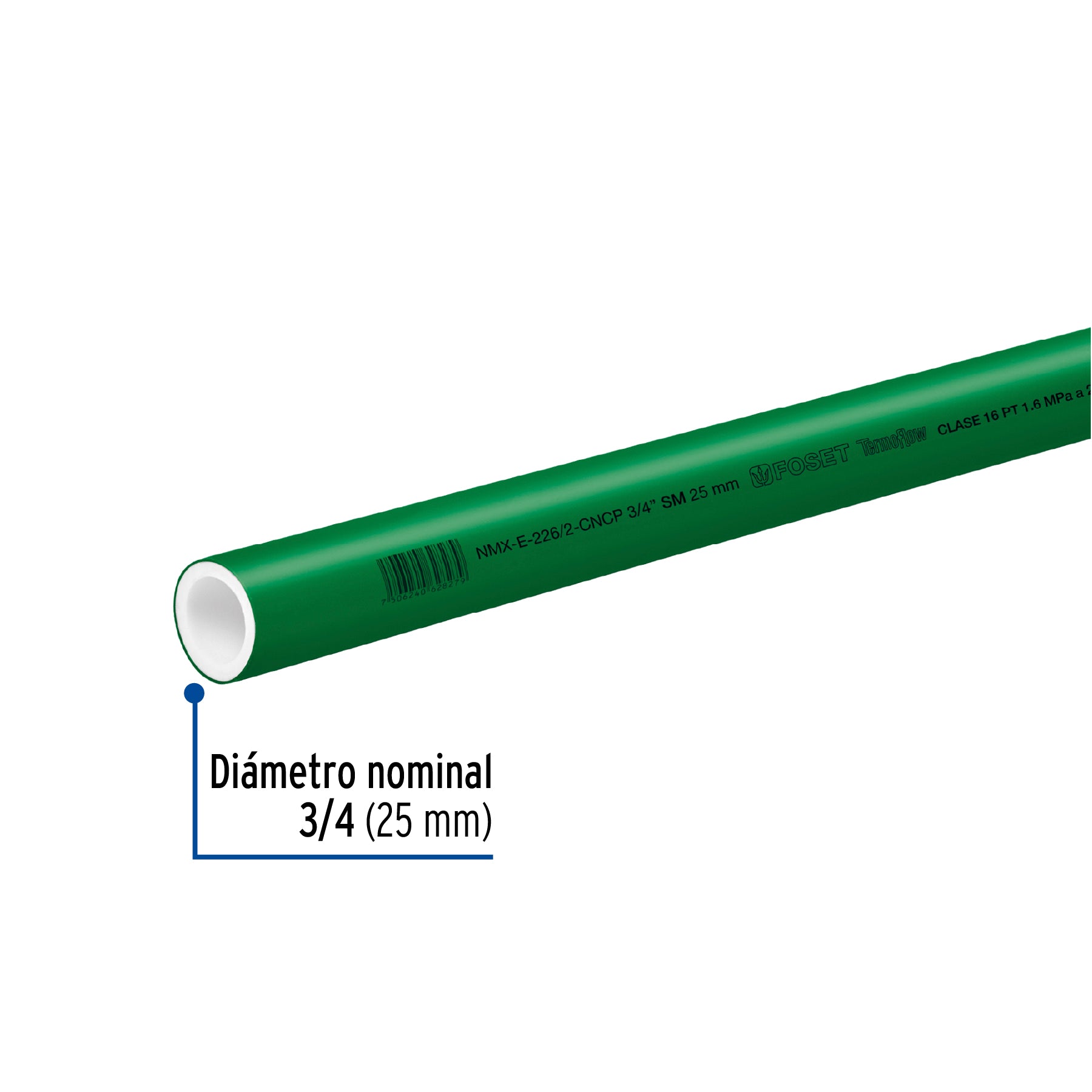 Tubo de 25mm (3/4') PPR hidráulico, 4m, 0.9kg, FOSET. Modelo: CV-002