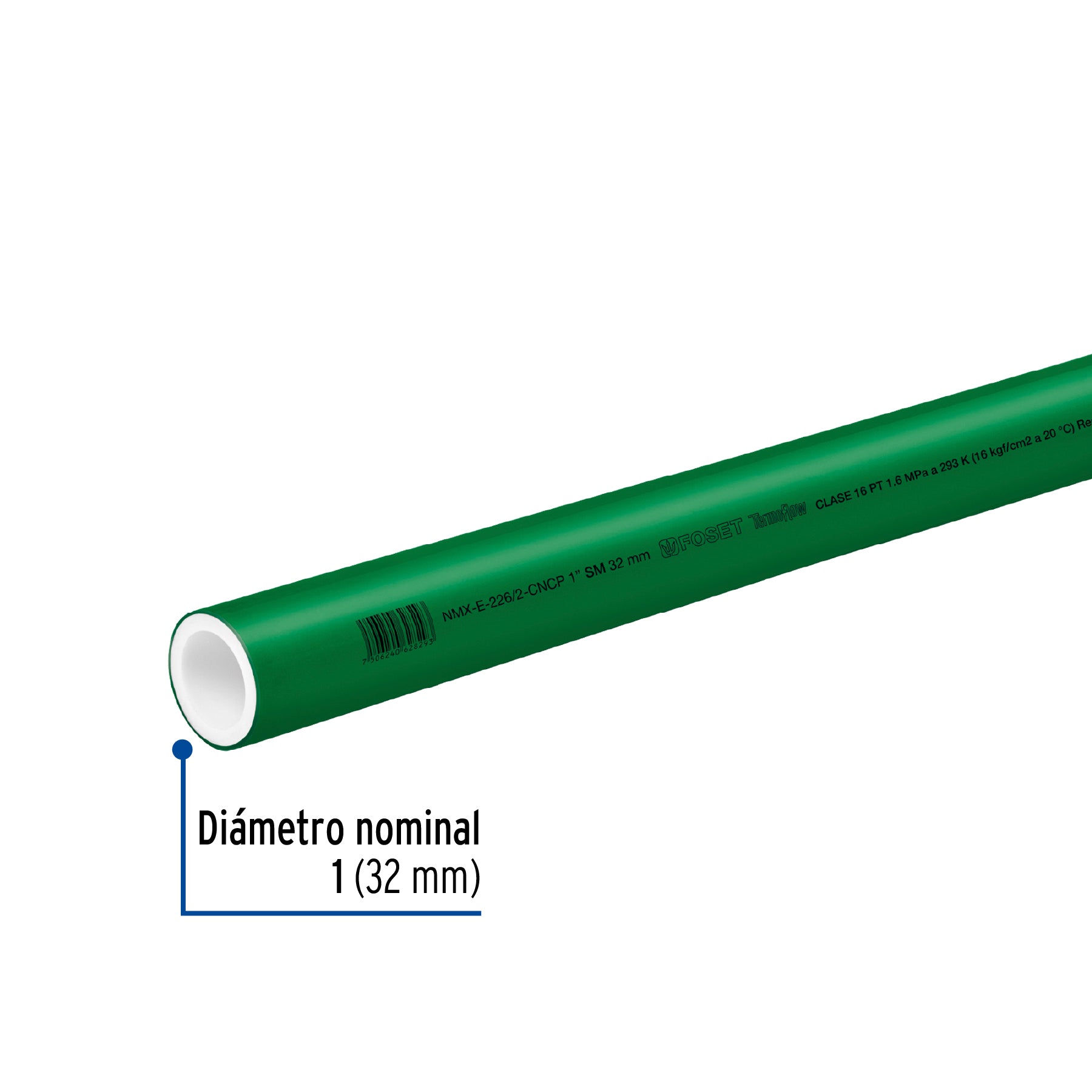 Tubo de 32mm (1') PPR hidráulico, 4m, 1.4kg, FOSET. Modelo: CV-003