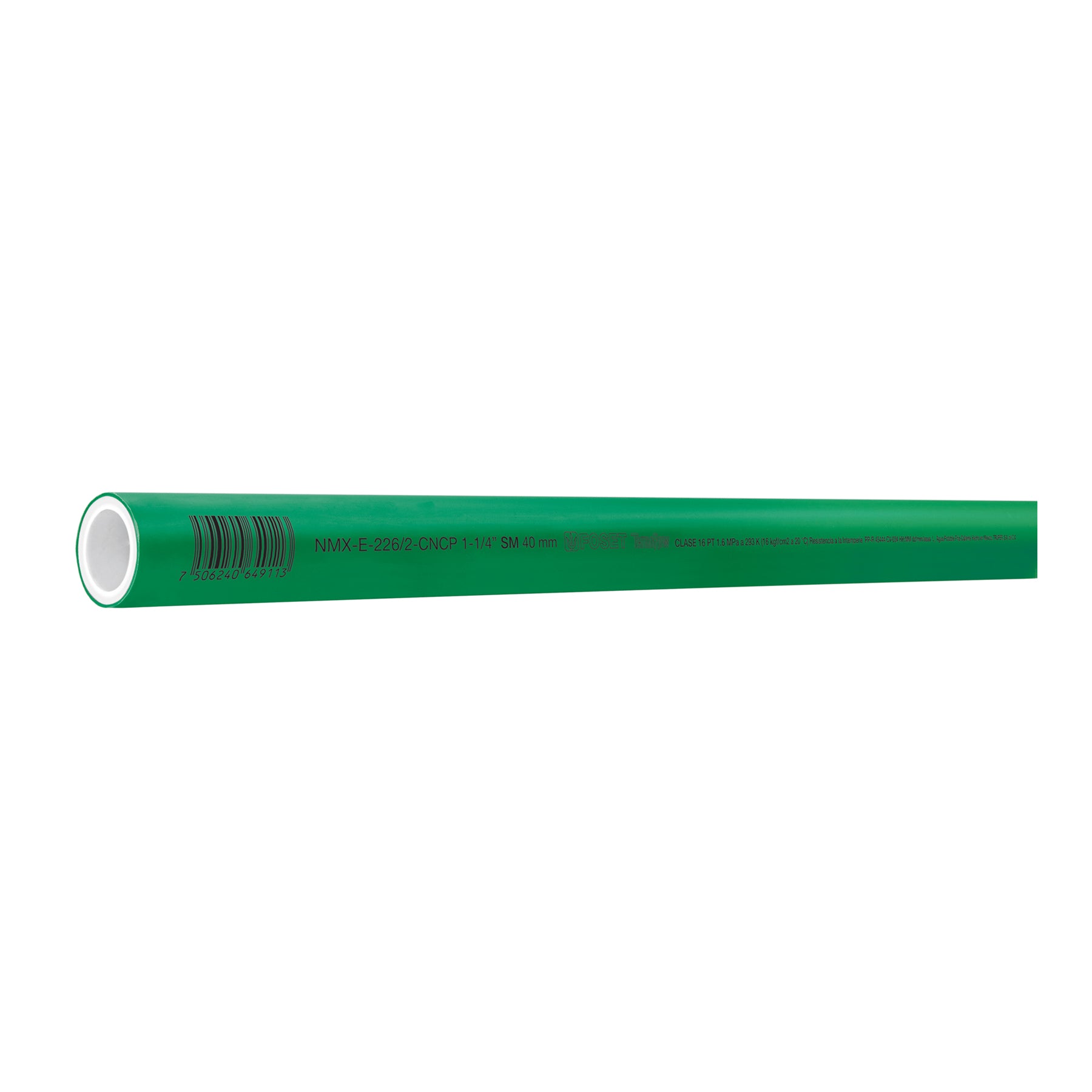 Tubo de 40mm (1-1/4') PPR hidráulico, 4m, 2.2kg, FOSET. Modelo: CV-004