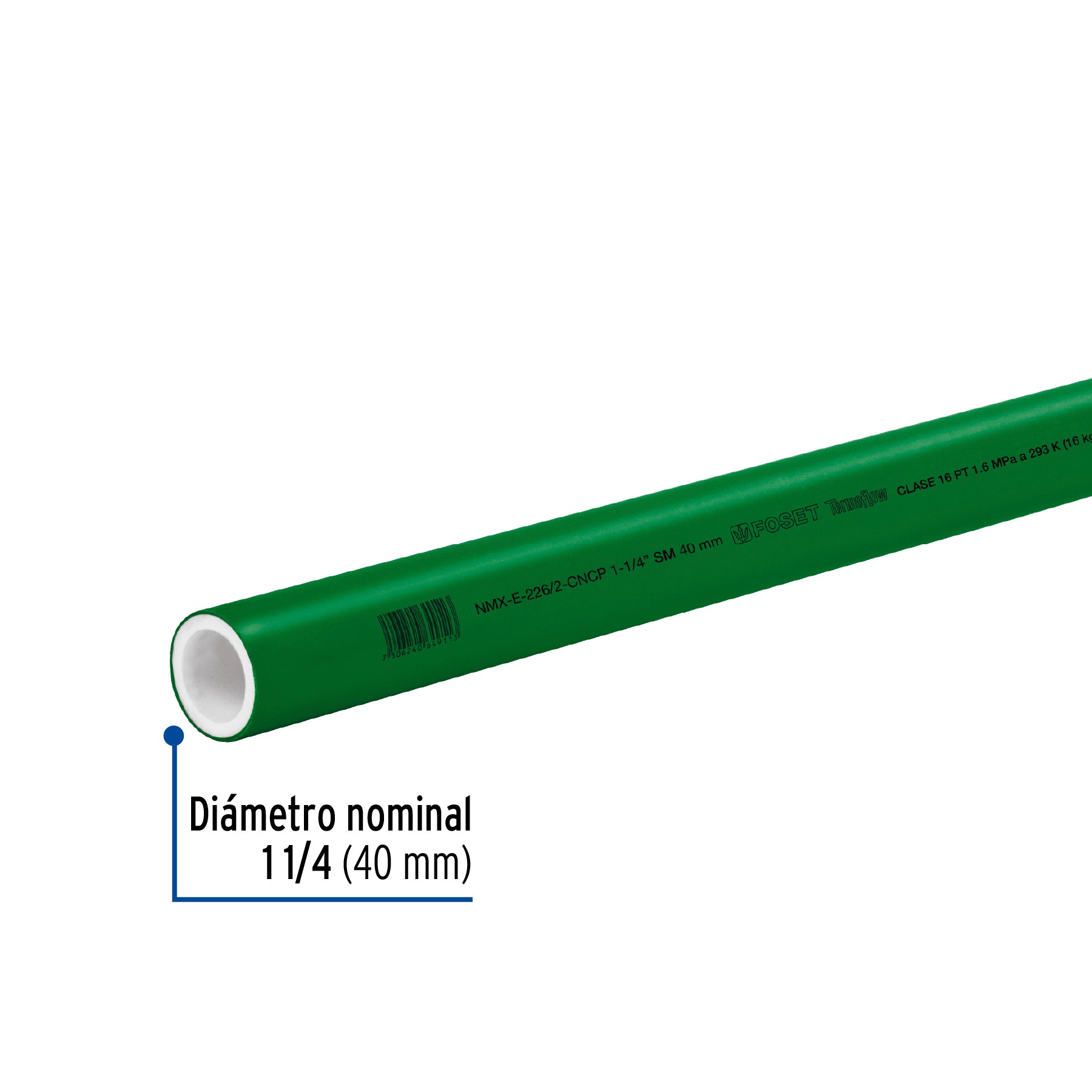 Tubo de 40mm (1-1/4') PPR hidráulico, 4m, 2.2kg, FOSET. Modelo: CV-004