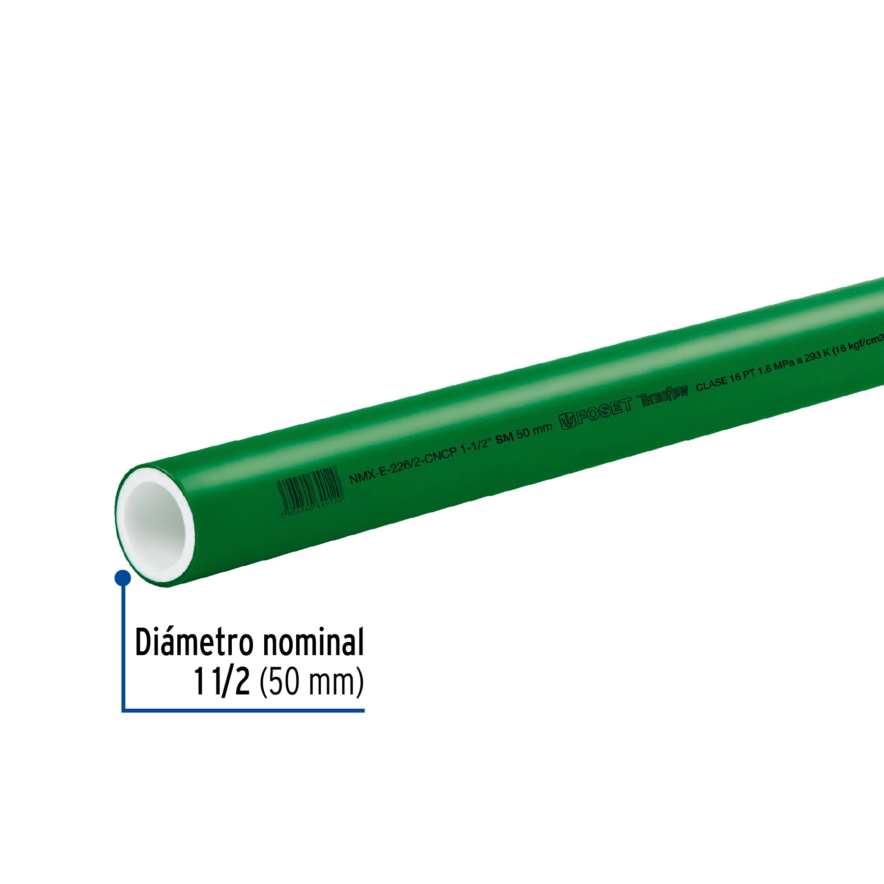 Tubo de 50mm (1-1/2') PPR hidráulico, 4m, 3.4kg, FOSET. Modelo: CV-005