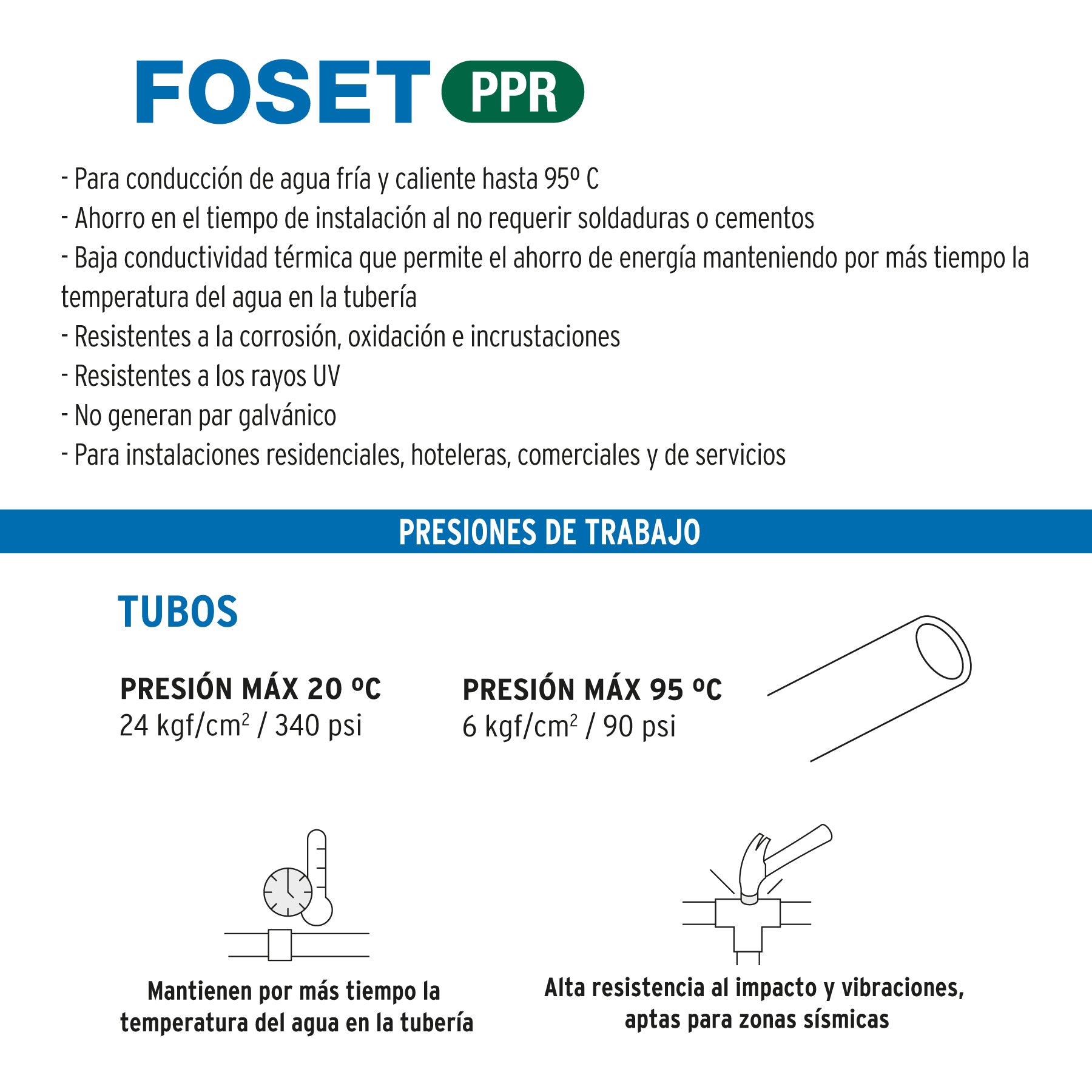Tubo de 63mm (2') PPR hidráulico, 4m, 5.4kg, FOSET. Modelo: CV-006