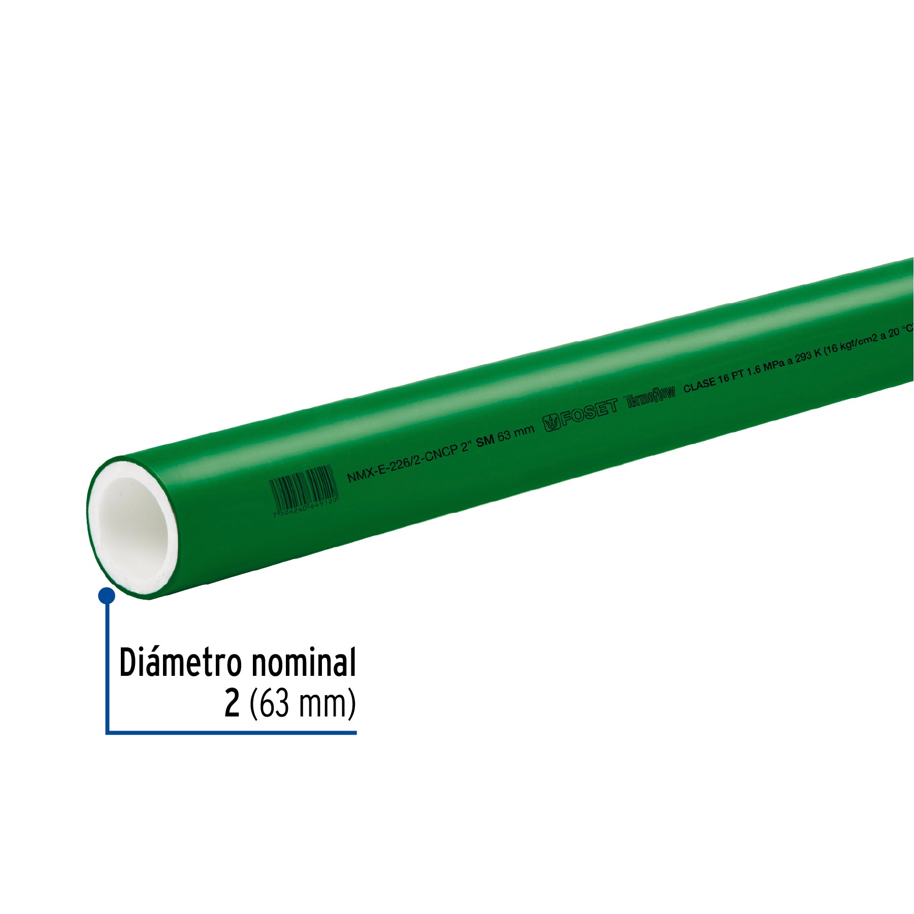 Tubo de 63mm (2') PPR hidráulico, 4m, 5.4kg, FOSET. Modelo: CV-006