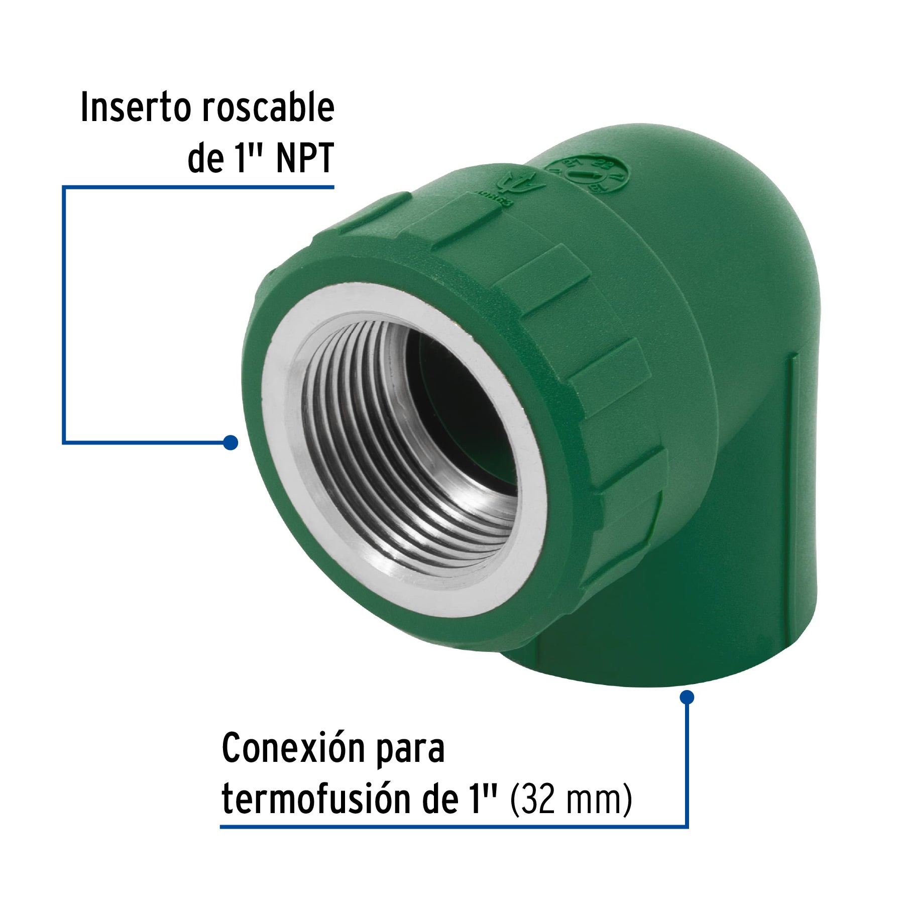 Codo 90° PPR,  1', rosca hembra con inserto metálico, FOSET. Modelo: CV-503