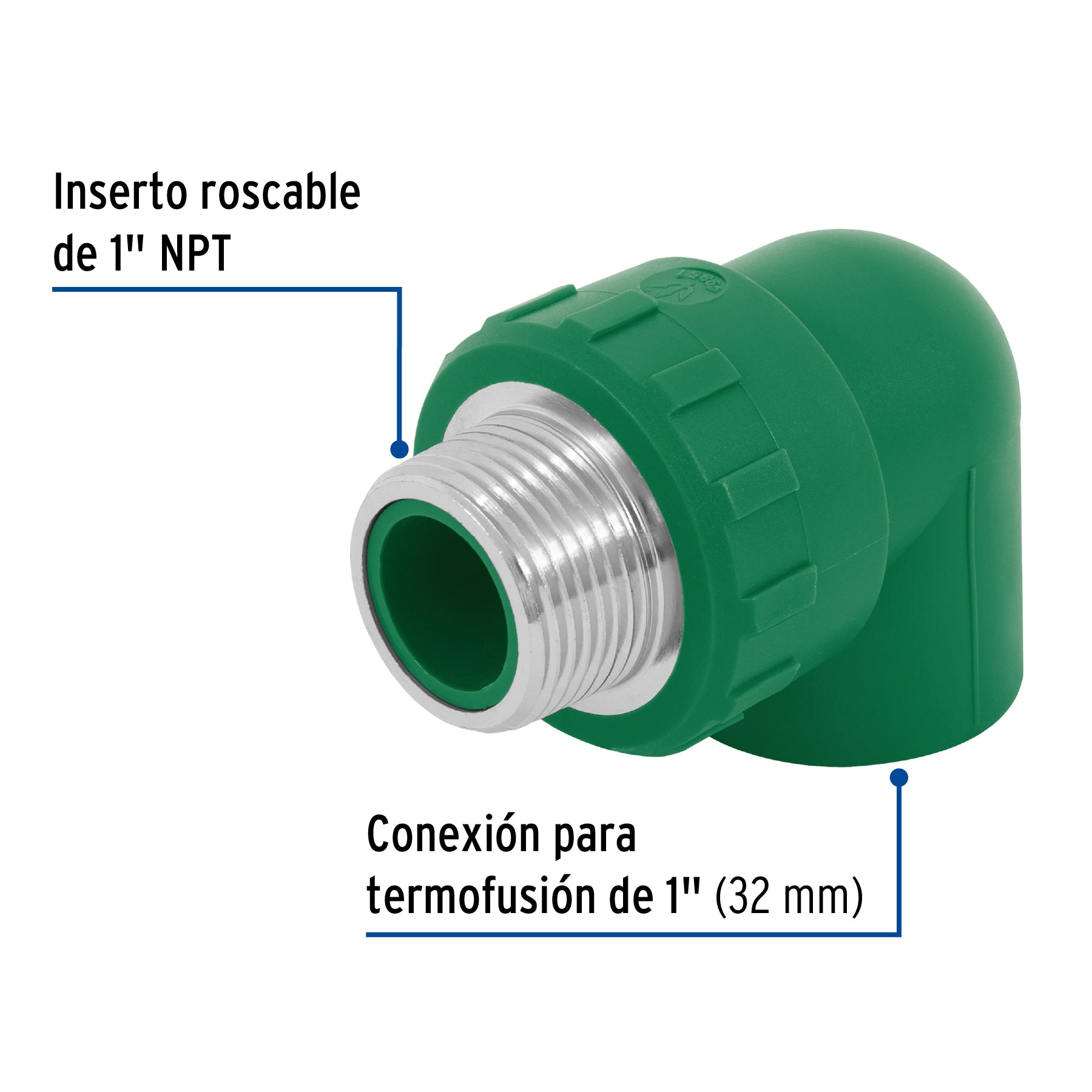Codo 90° PPR,  1', rosca macho con inserto metálico, FOSET. Modelo: CV-513