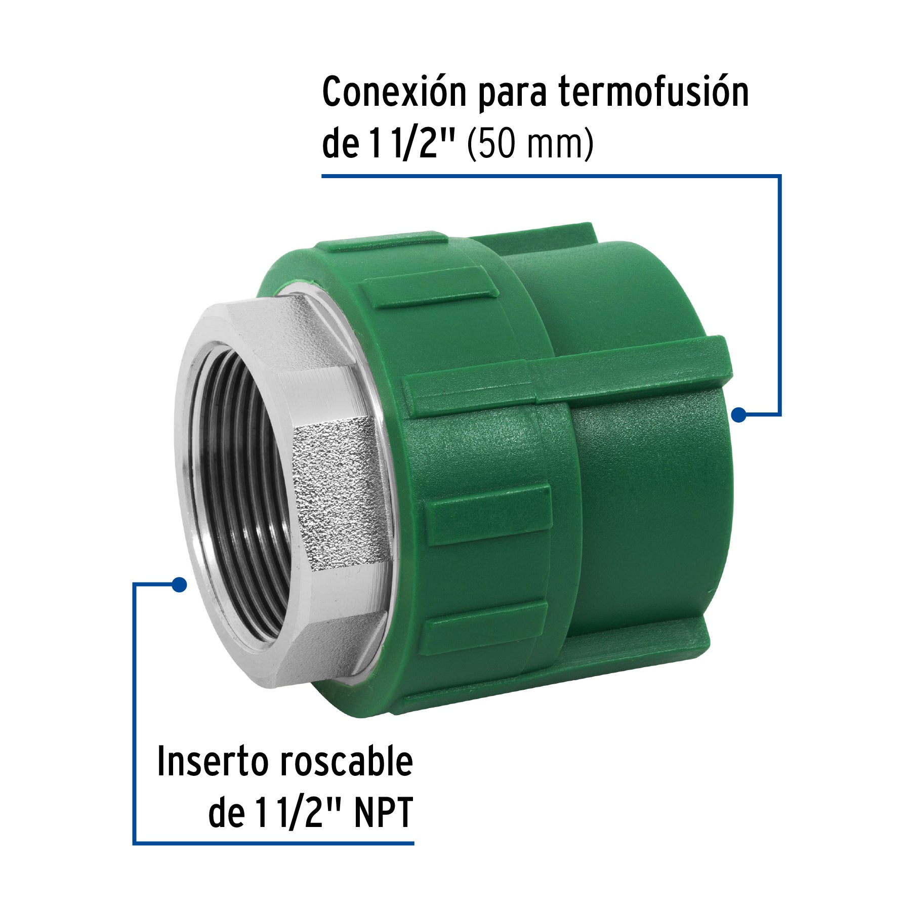 Adaptador PPR 1-1/2' hembra con inserto metálico, FOSET. Modelo: CV-605