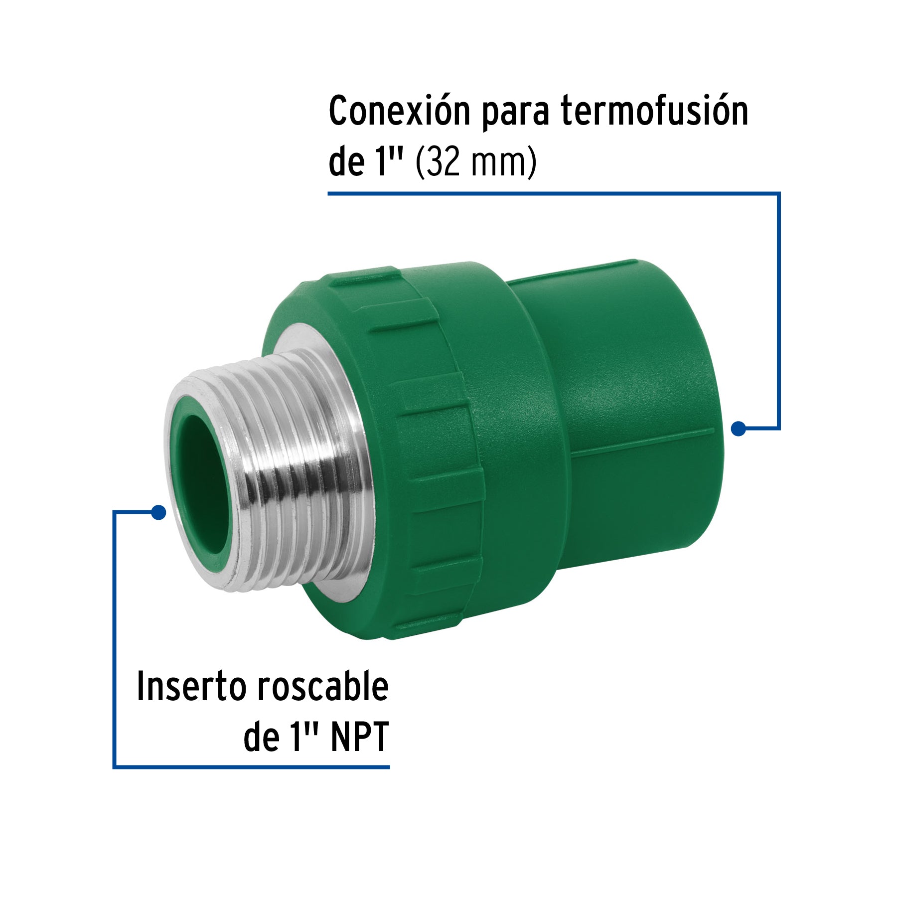 Adaptador PPR 1' macho con inserto metálico, FOSET. Modelo: CV-613