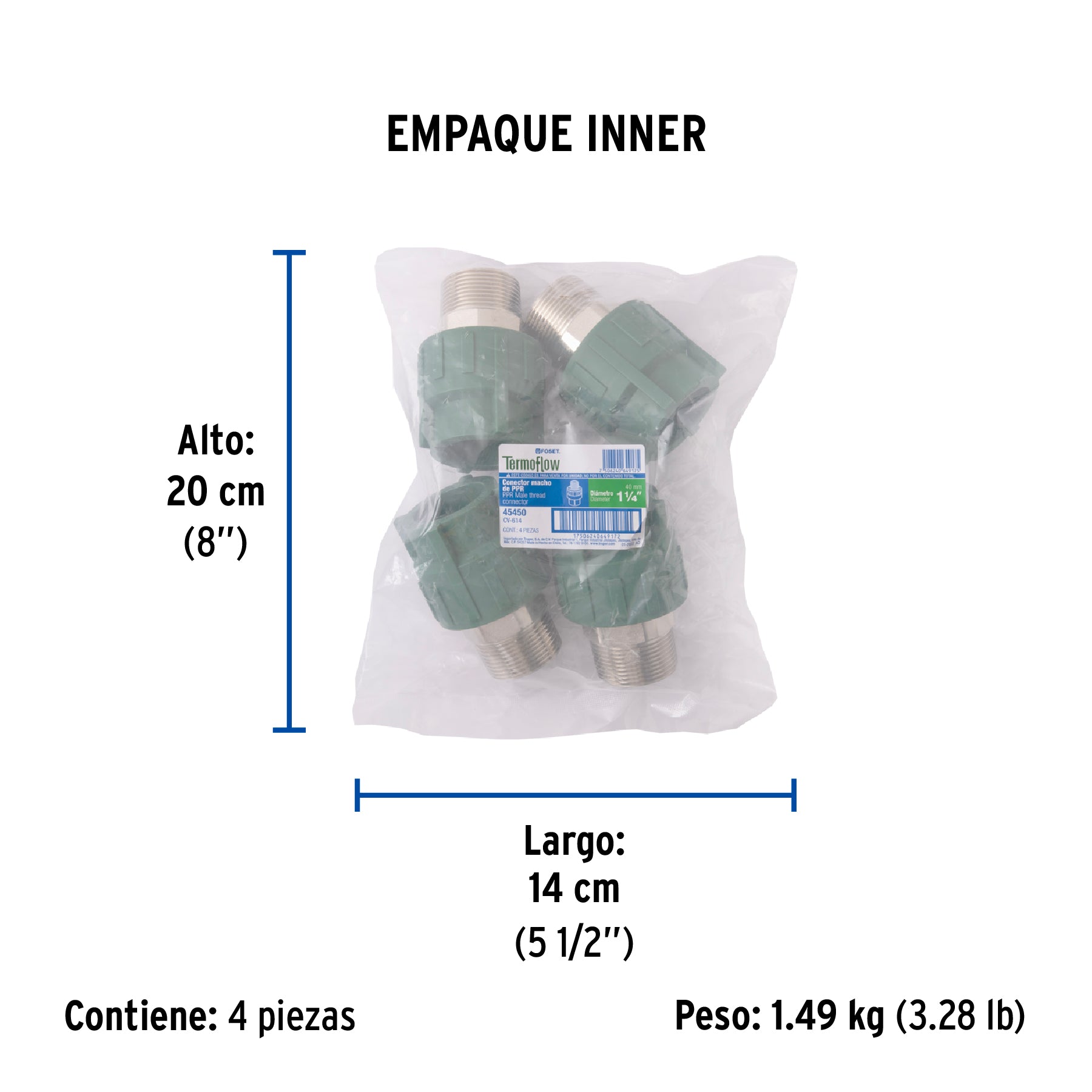 Adaptador PPR 1-1/4' macho con inserto metálico, FOSET. Modelo: CV-614