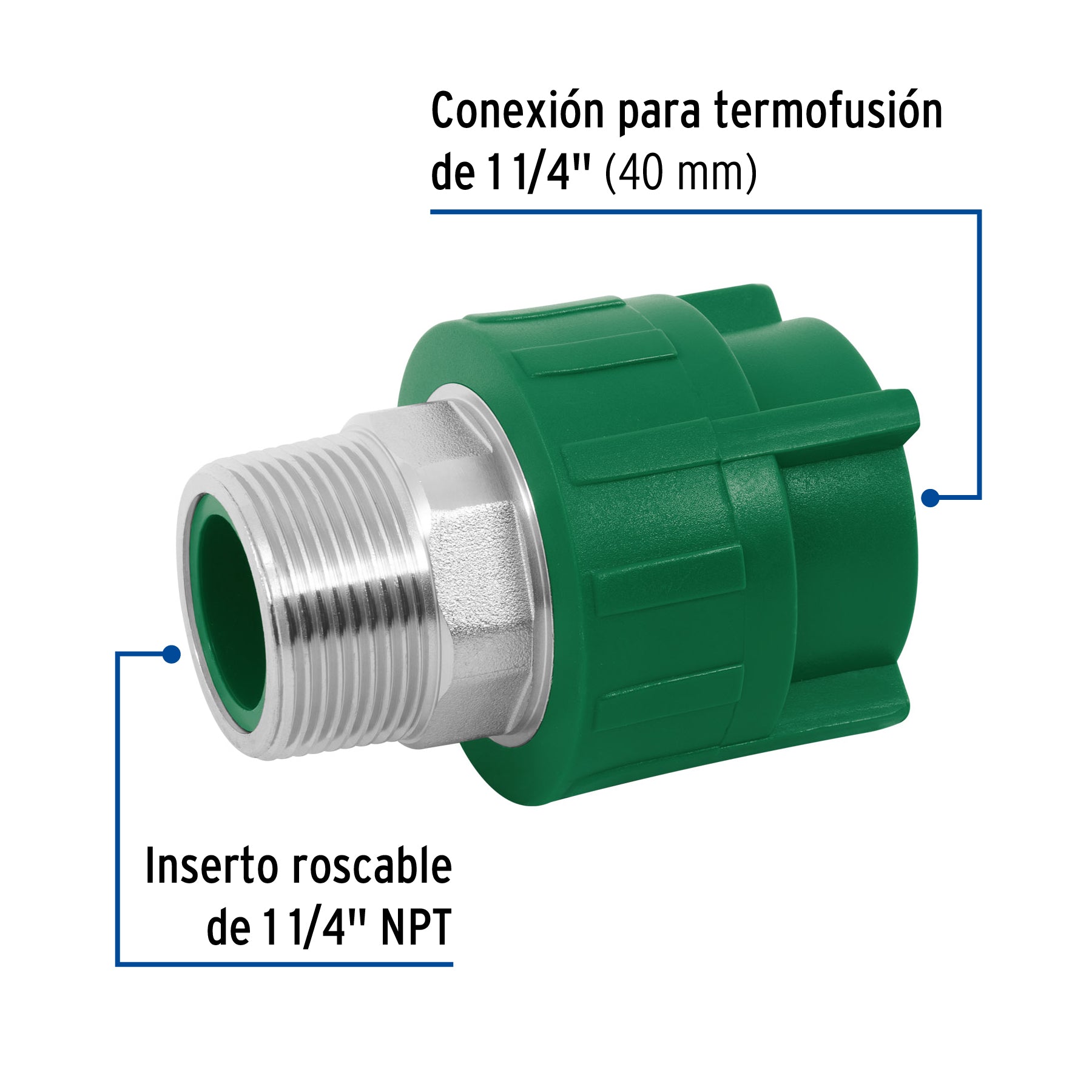 Adaptador PPR 1-1/4' macho con inserto metálico, FOSET. Modelo: CV-614